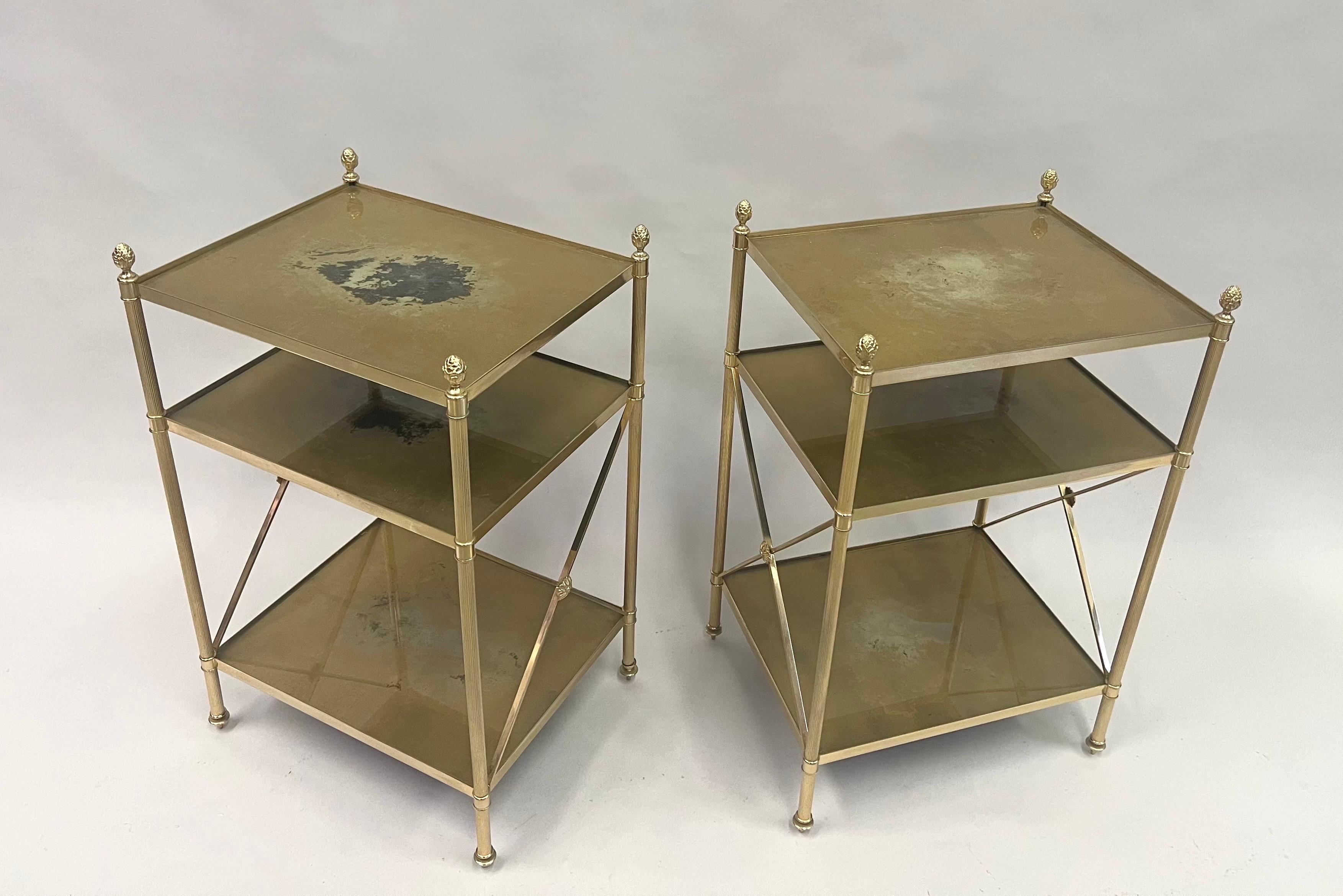 Verre Églomisé Pair of French Modern Neoclassical Brass & Verre Eglomisse 3 Tier Side Tables For Sale