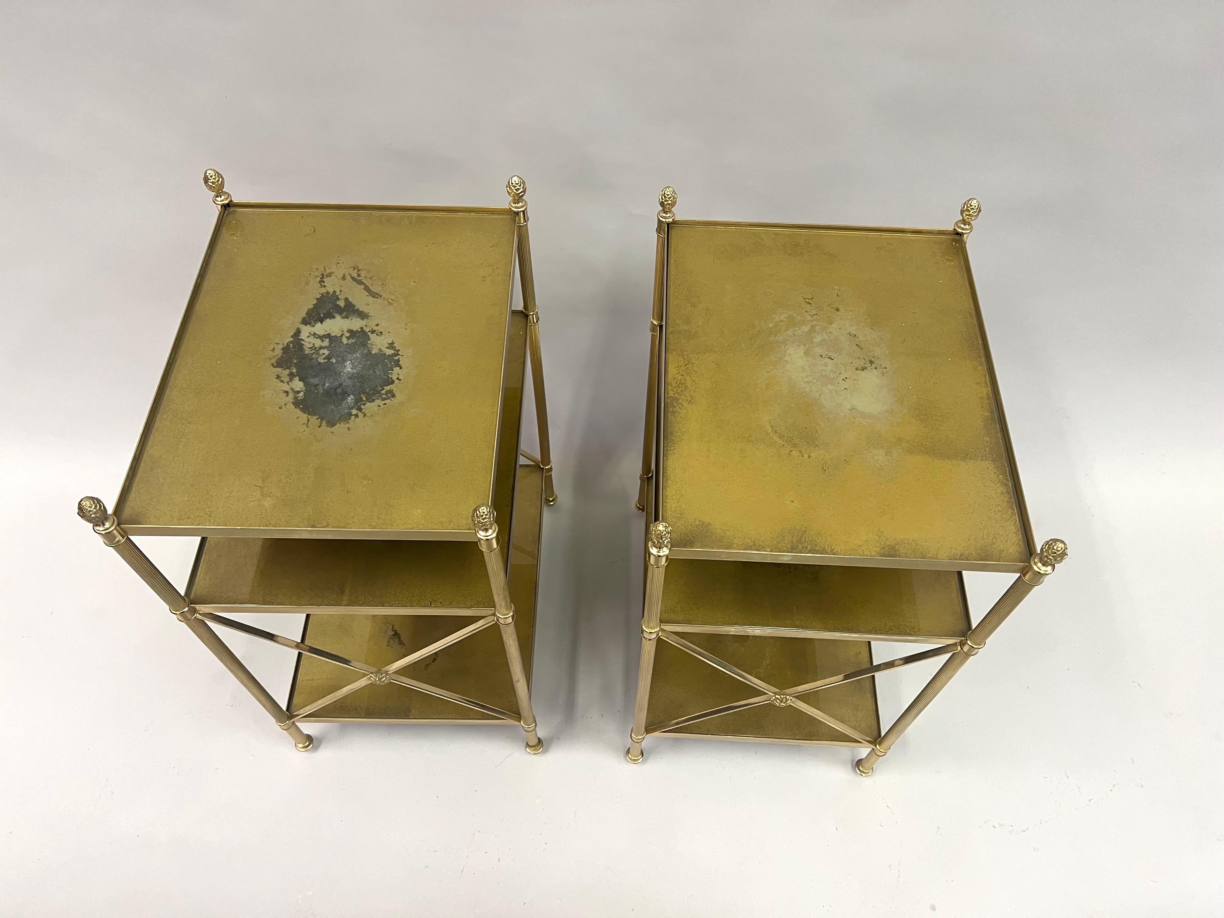 Pair of French Modern Neoclassical Brass & Verre Eglomisse 3 Tier Side Tables In Good Condition For Sale In New York, NY