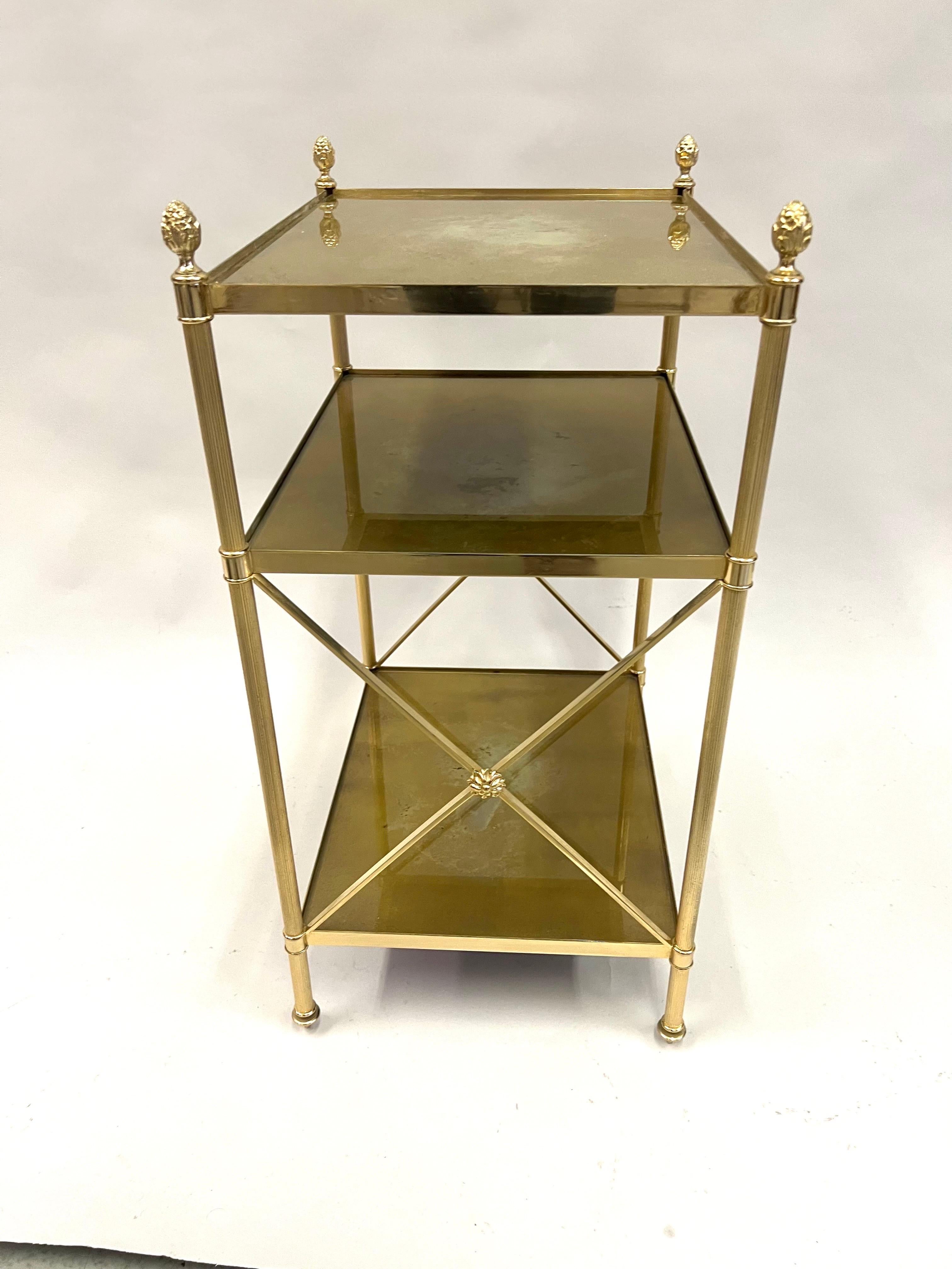 20th Century Pair of French Modern Neoclassical Brass & Verre Eglomisse 3 Tier Side Tables For Sale