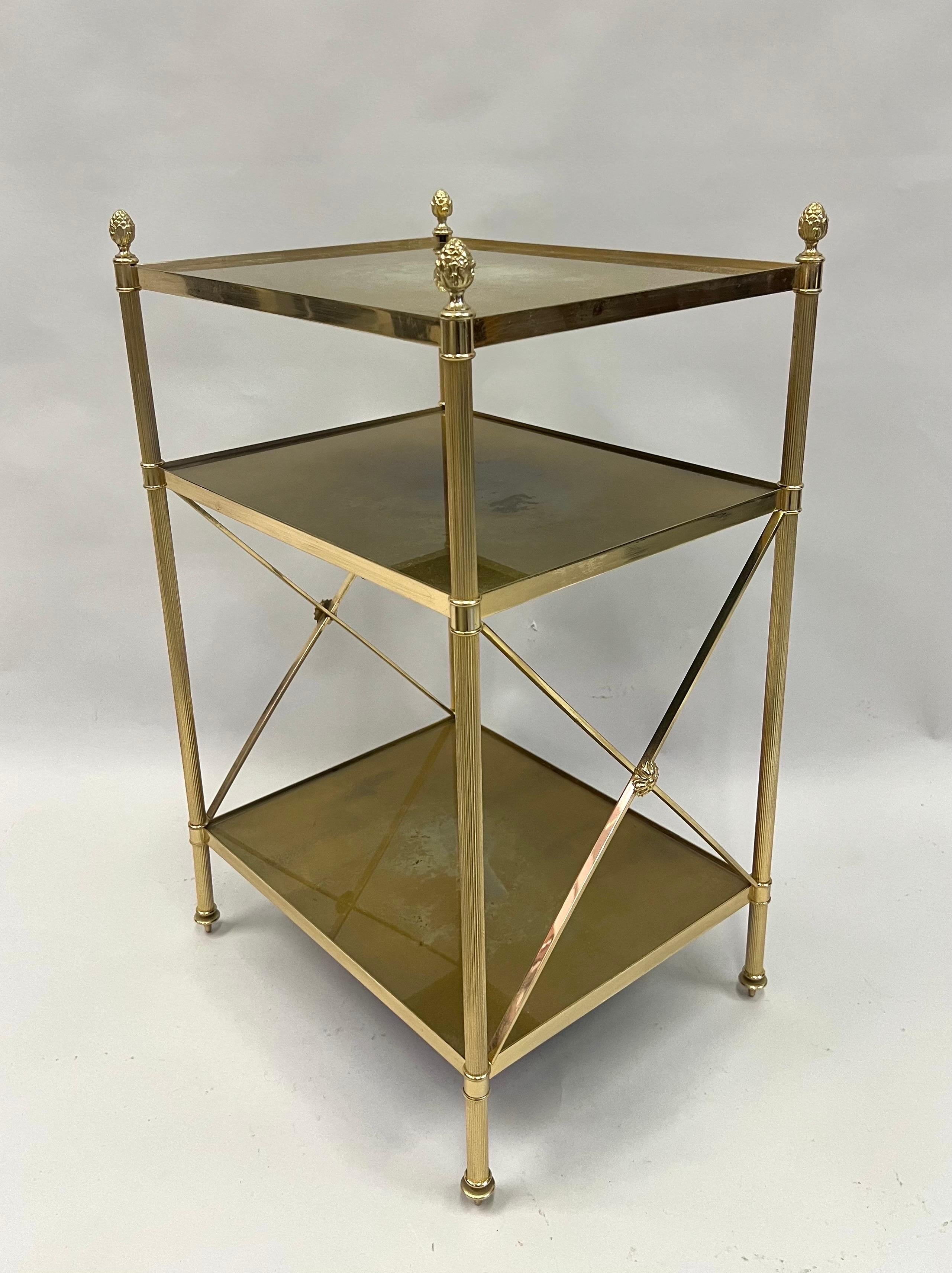 Glass Pair of French Modern Neoclassical Brass & Verre Eglomisse 3 Tier Side Tables For Sale