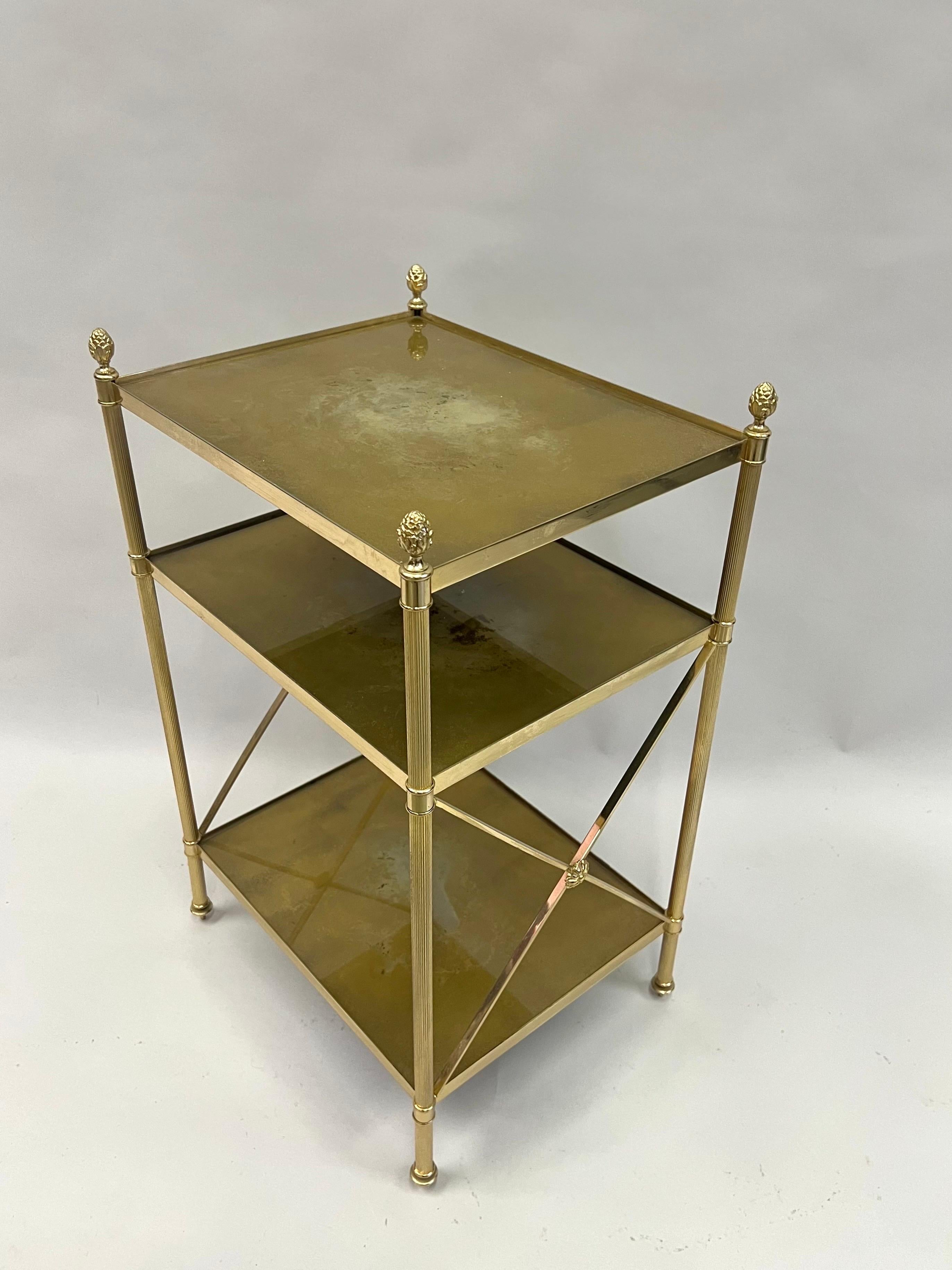 Pair of French Modern Neoclassical Brass & Verre Eglomisse 3 Tier Side Tables For Sale 1