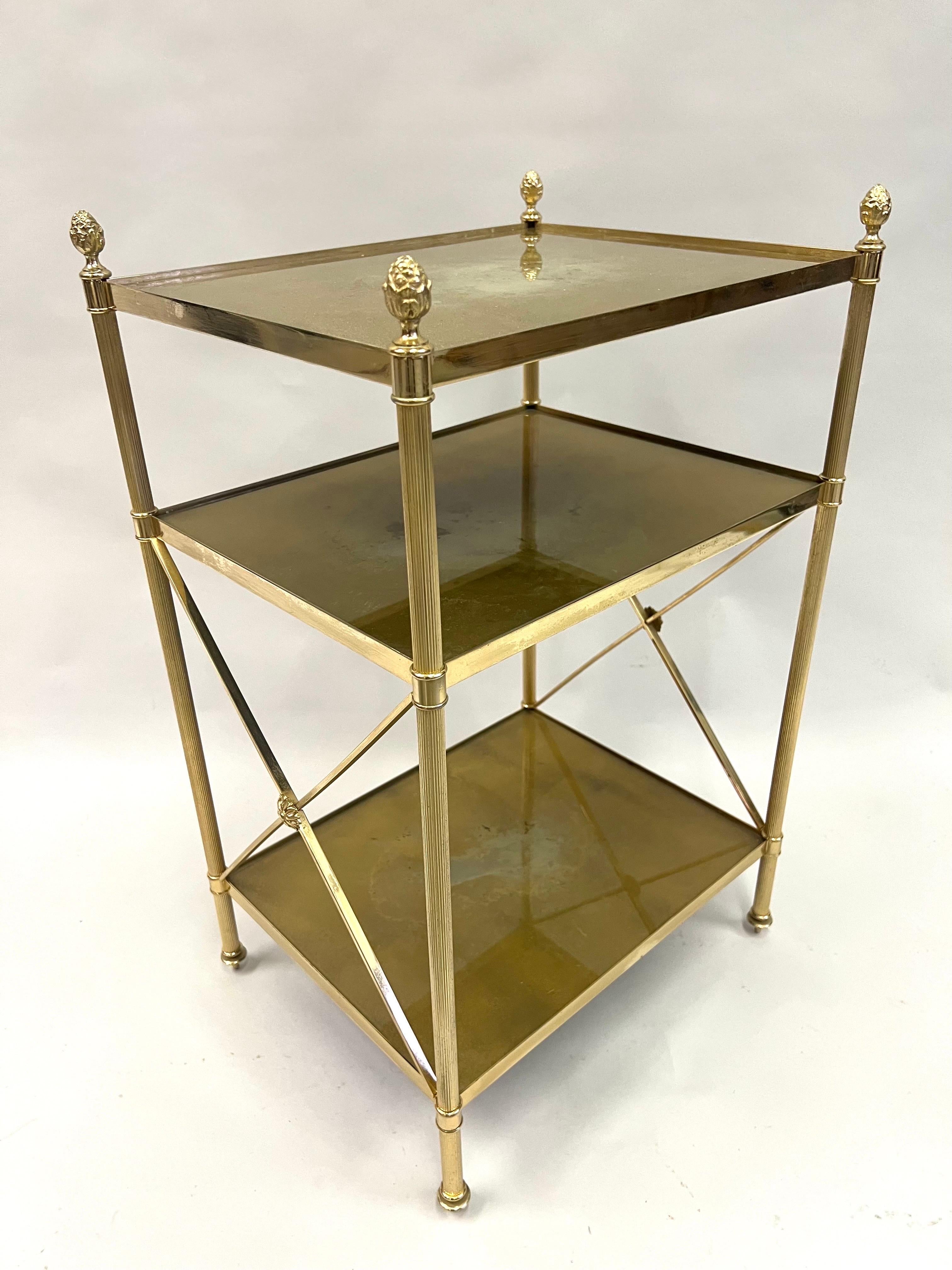 Pair of French Modern Neoclassical Brass & Verre Eglomisse 3 Tier Side Tables For Sale 2