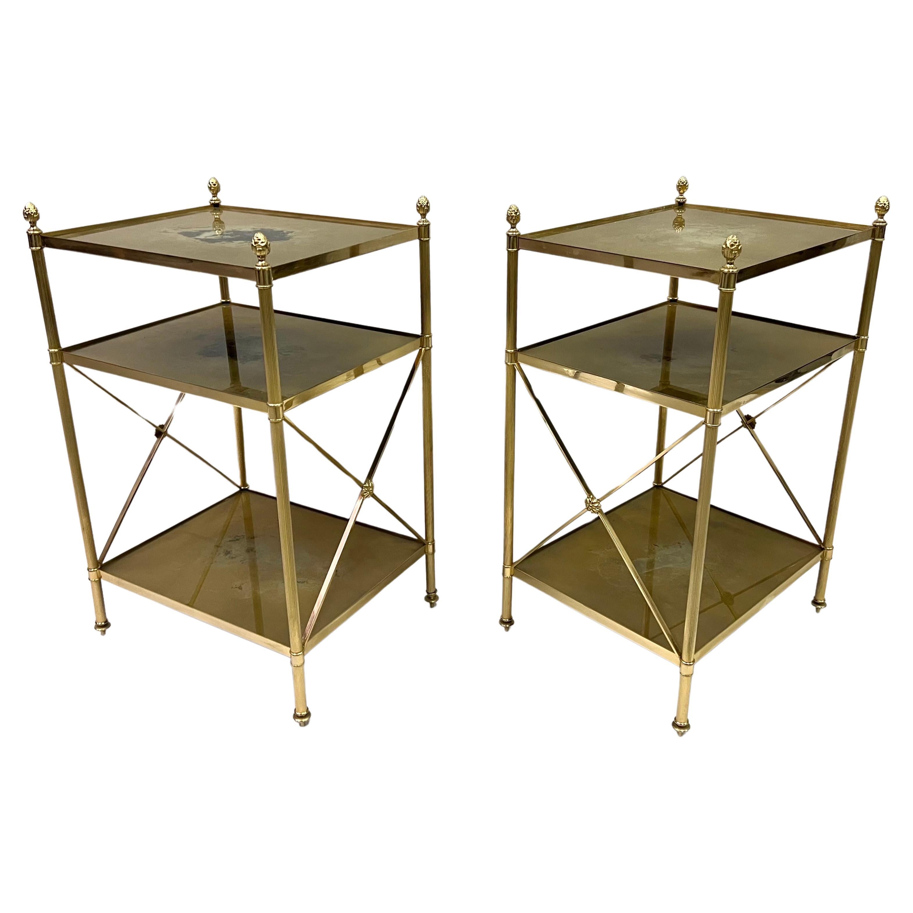Pair of French Modern Neoclassical Brass & Verre Eglomisse 3 Tier Side Tables For Sale