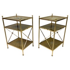 Pair of French Modern Neoclassical Brass & Verre Eglomisse 3 Tier Side Tables