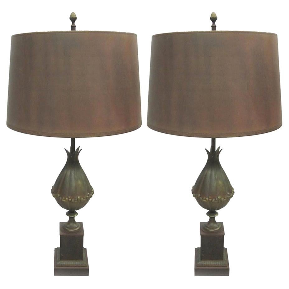 Pair of French Modern Neoclassical Bronze Table Lamps & Shades by Maison Charles