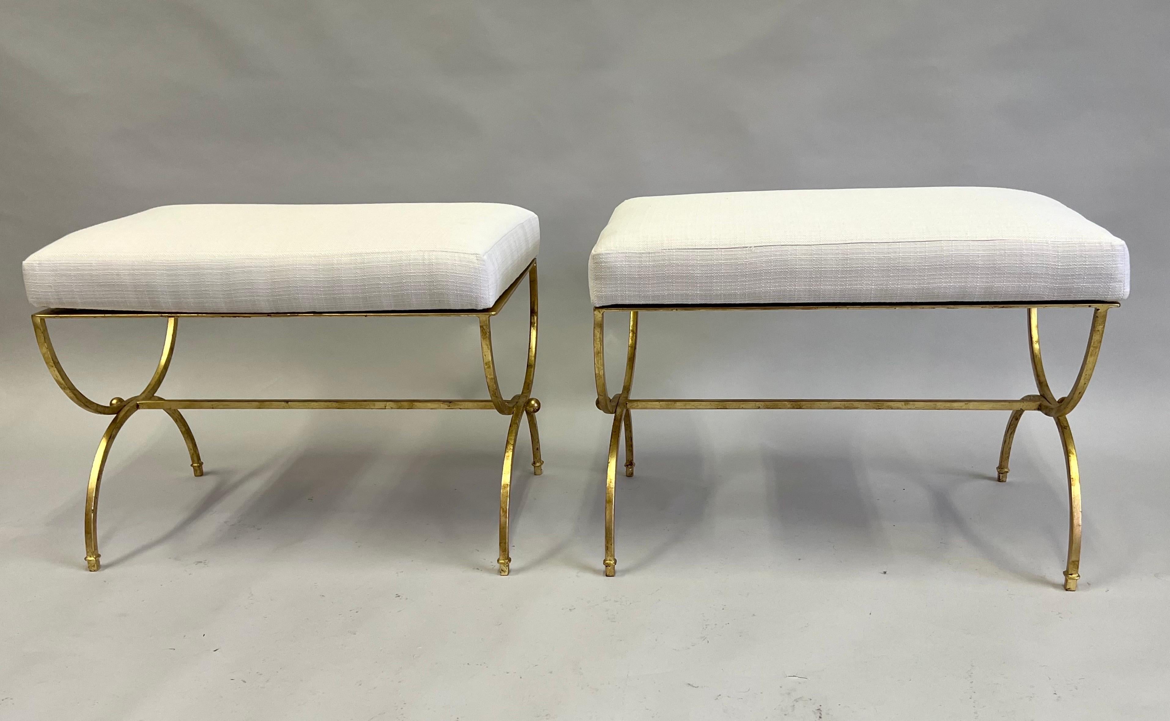 Mid-Century Modern Pair of French Modern Neoclassical Gilt Iron Benches in Style of Raymond Subes For Sale