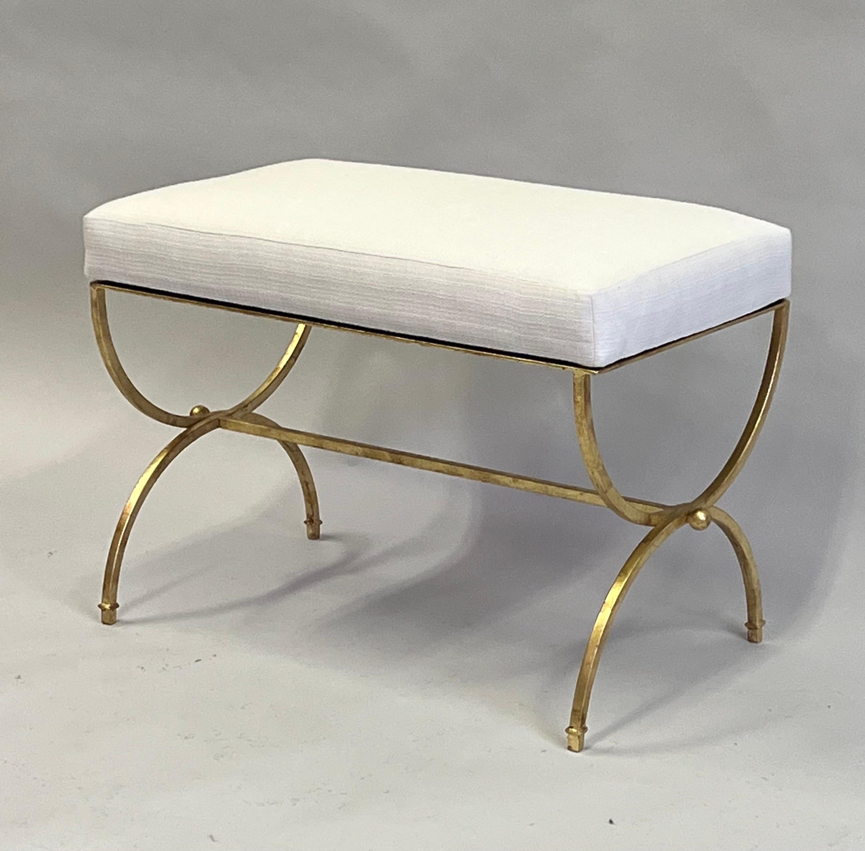 20th Century Pair of French Modern Neoclassical Gilt Iron Benches in Style of Raymond Subes For Sale