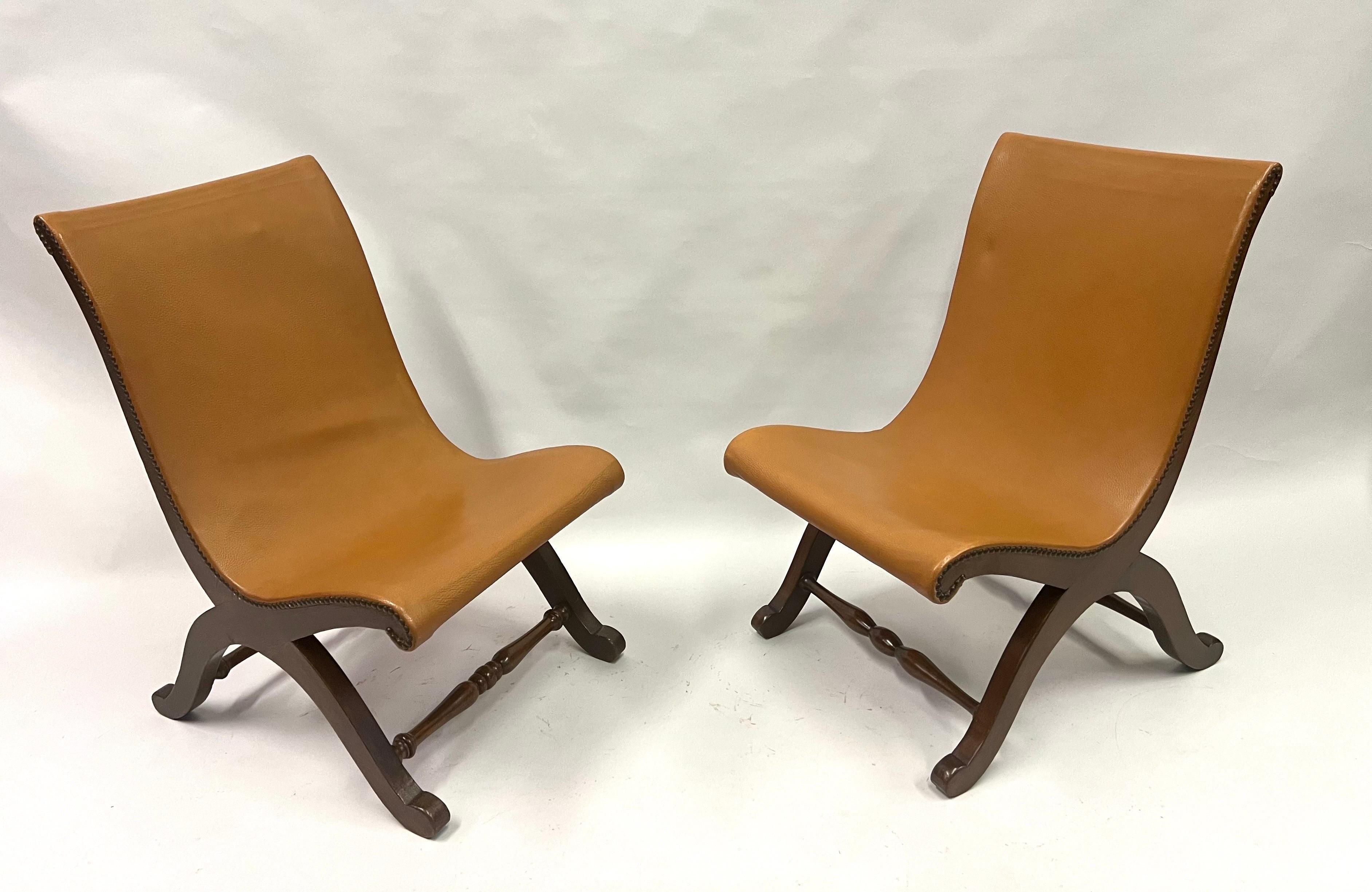 Mid-Century Modern Pair of French Modern Neoclassical Leather Lounge / Slipper Chairs, Andre Arbus For Sale