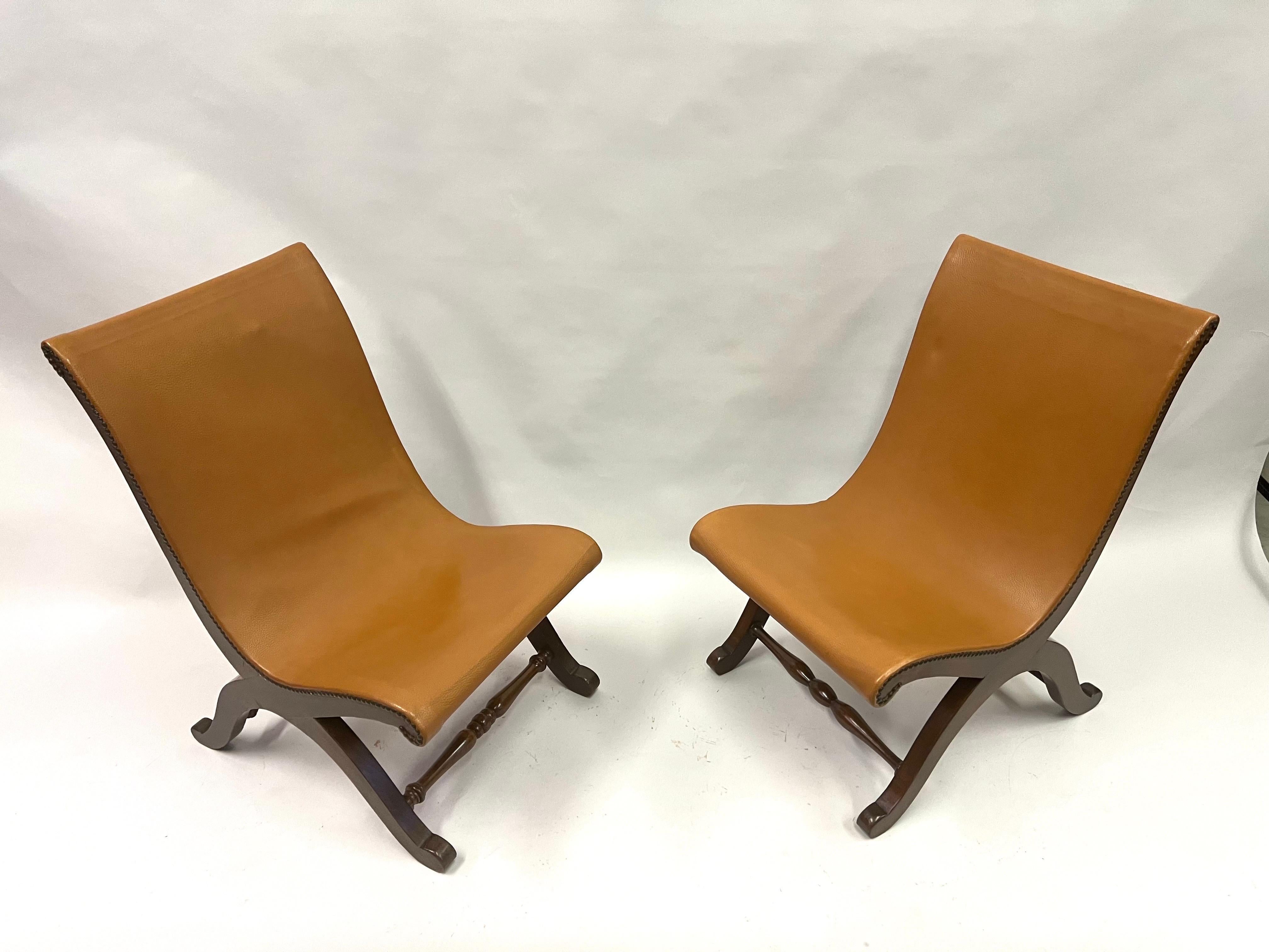 Hand-Carved Pair of French Modern Neoclassical Leather Lounge / Slipper Chairs, Andre Arbus For Sale