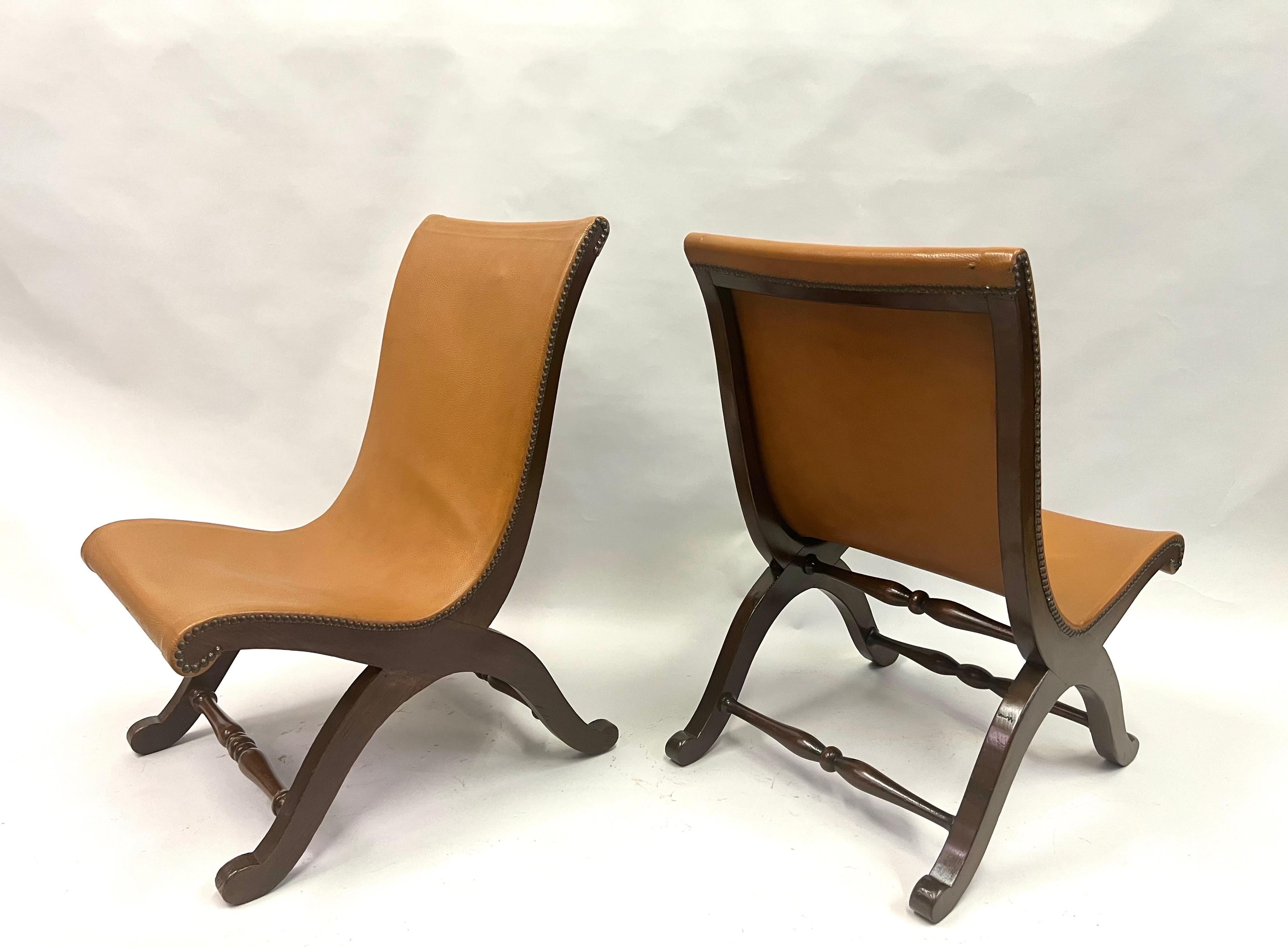Pair of French Modern Neoclassical Leather Lounge / Slipper Chairs, Andre Arbus In Good Condition For Sale In New York, NY