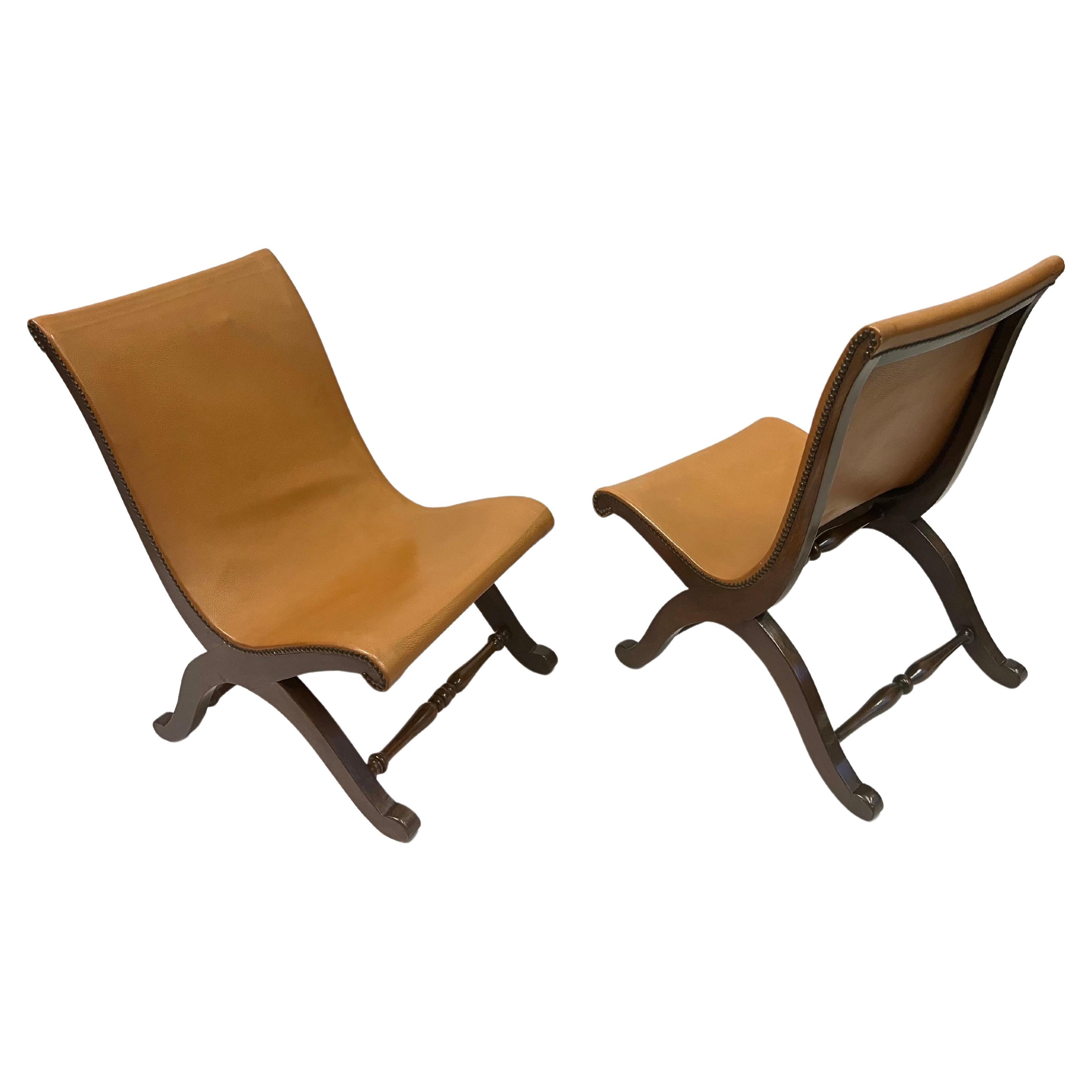 Pair of French Modern Neoclassical Leather Lounge / Slipper Chairs, Andre Arbus For Sale