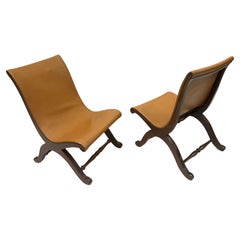 Retro Pair of French Modern Neoclassical Leather Lounge / Slipper Chairs, Andre Arbus