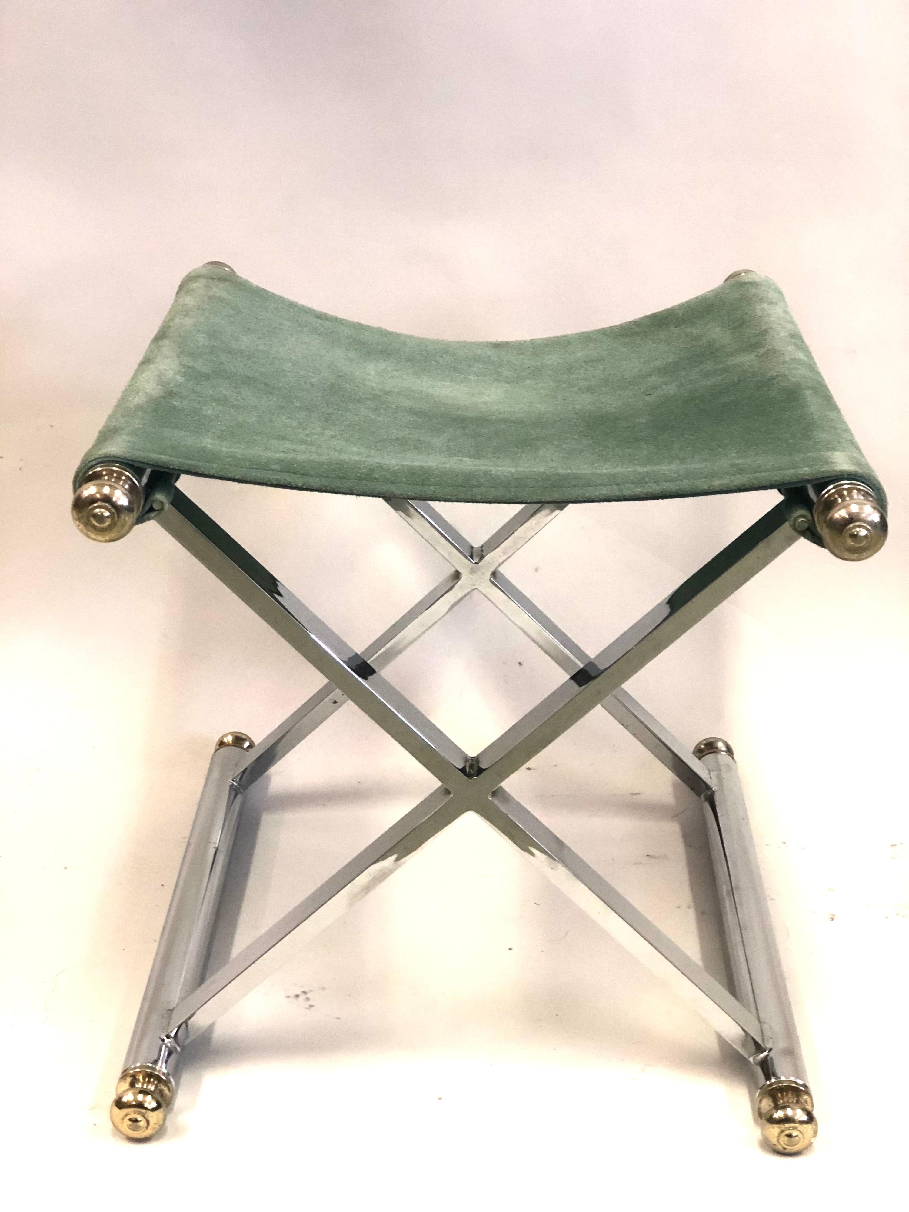 Pair of French Modern Neoclassical Nickel, Brass & Suede Benches Attr. to Hermes 5
