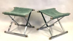 Pair of French Modern Neoclassical Nickel, Brass & Suede Benches Attr. to Hermes