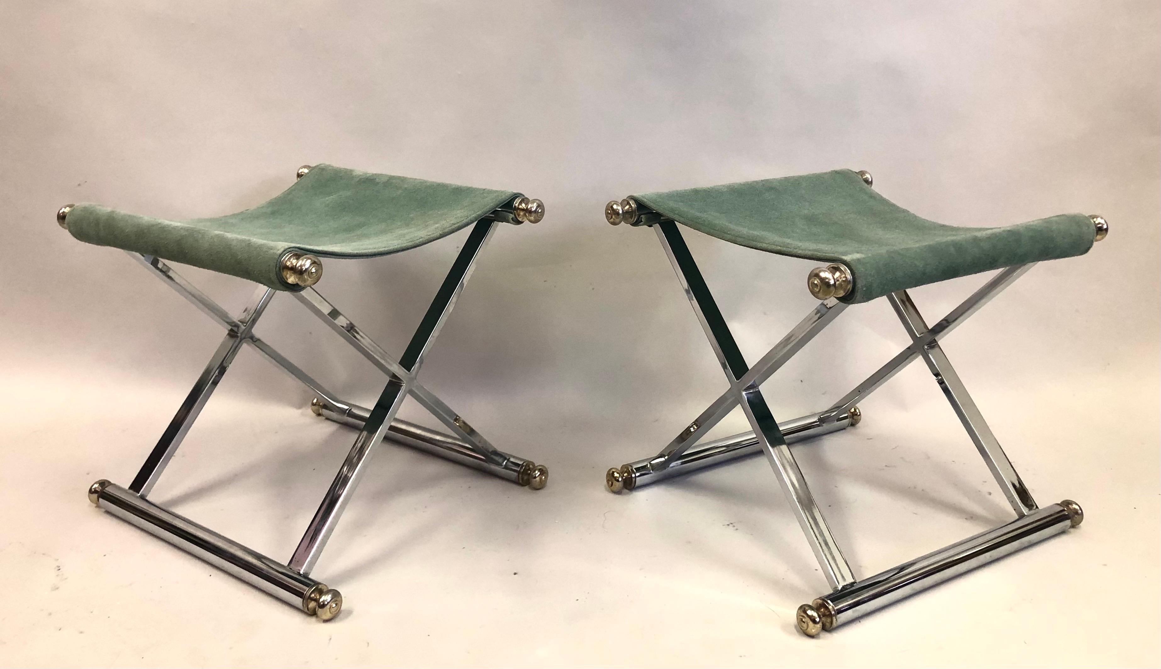 Mid-Century Modern Pair of French Modern Neoclassical Nickel, Brass & Suede Benches Attr. to Hermes