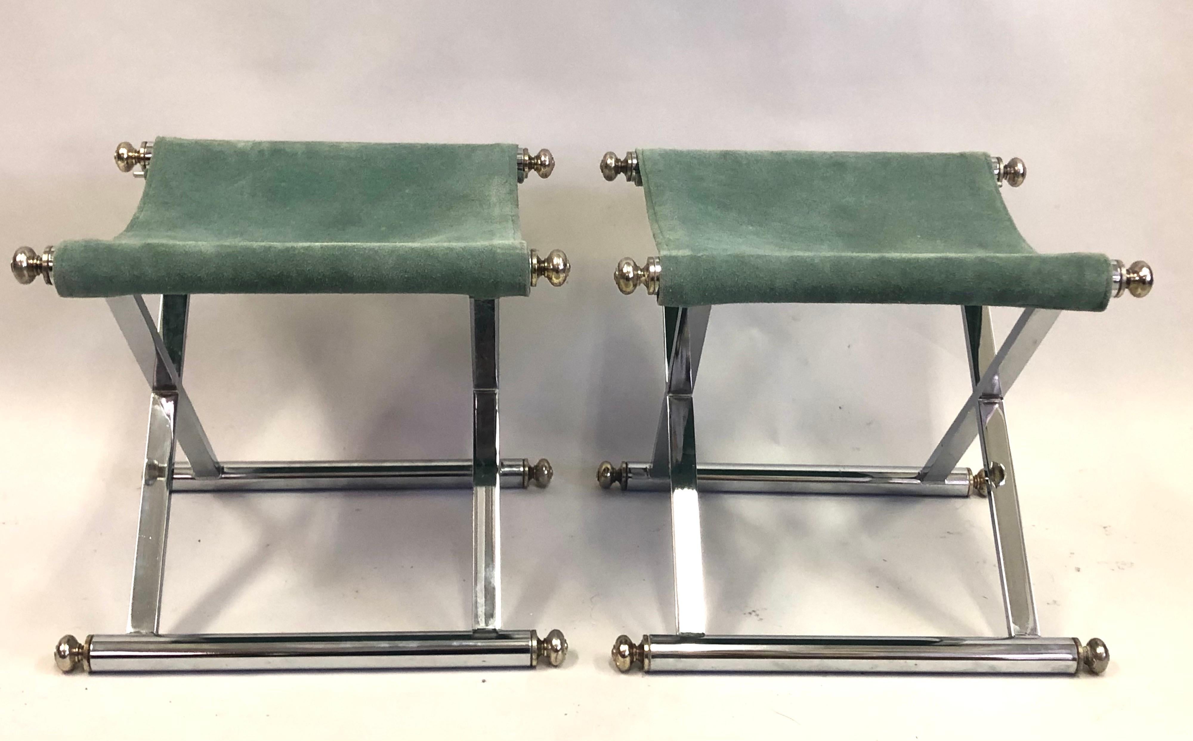 Pair of French Modern Neoclassical Nickel, Brass & Suede Benches Attr. to Hermes In Good Condition In New York, NY