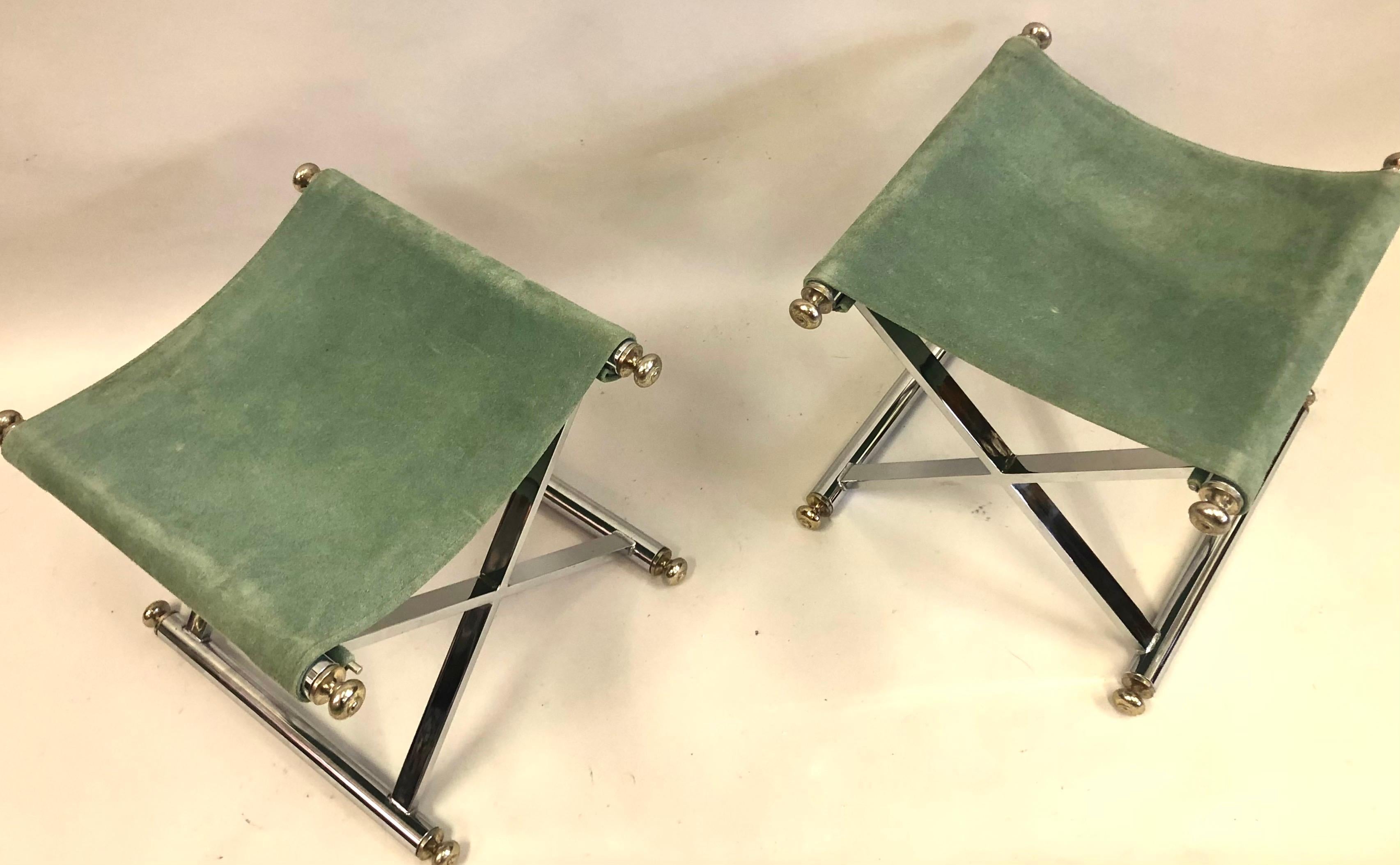 20th Century Pair of French Modern Neoclassical Nickel, Brass & Suede Benches Attr. to Hermes