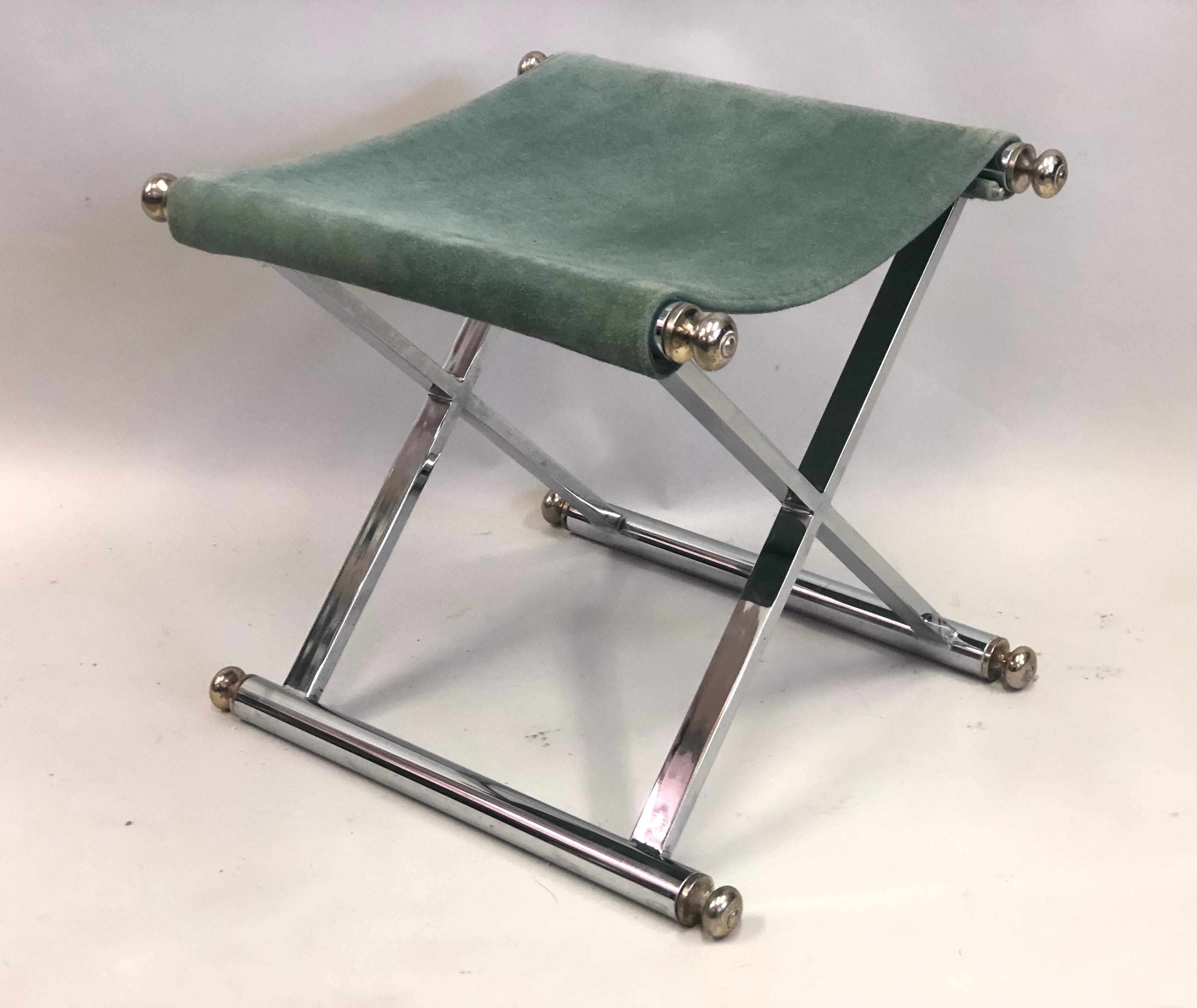 Pair of French Modern Neoclassical Nickel, Brass & Suede Benches Attr. to Hermes 1