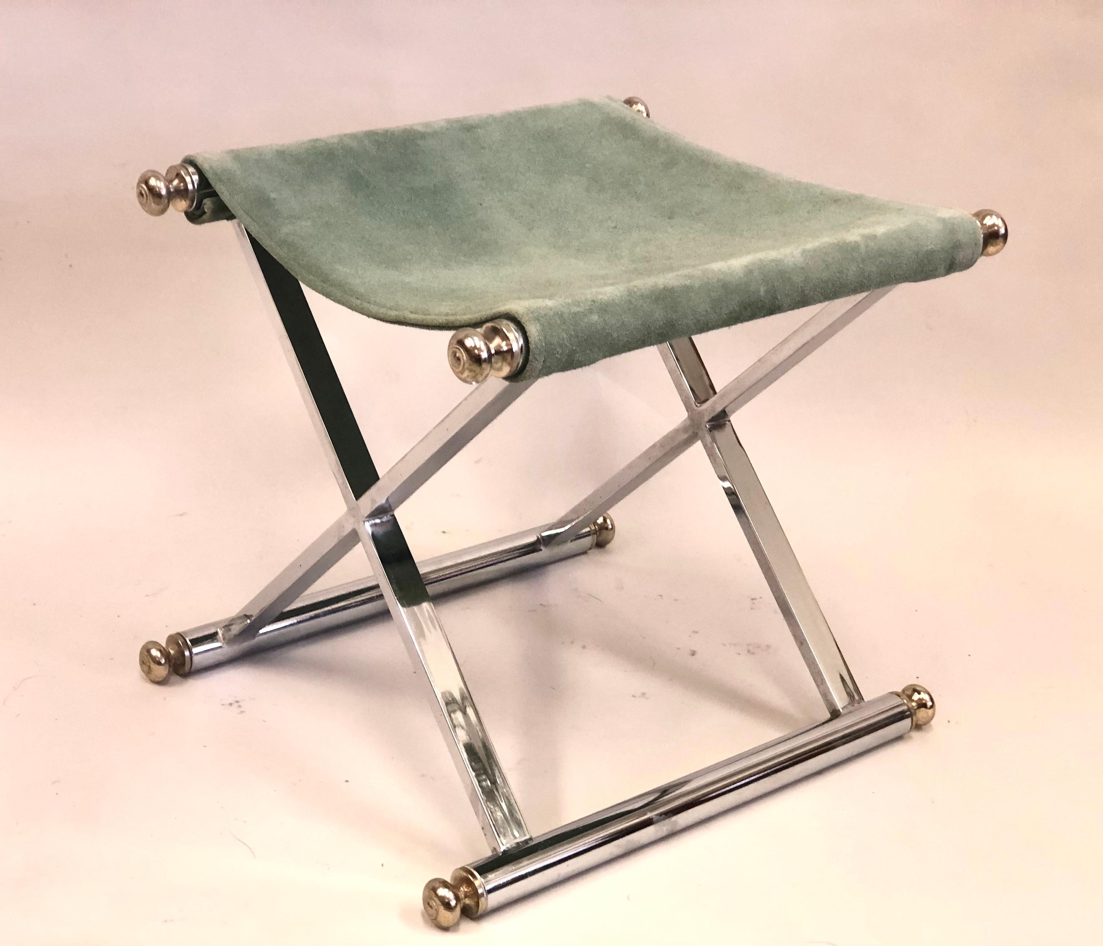 Pair of French Modern Neoclassical Nickel, Brass & Suede Benches Attr. to Hermes 2