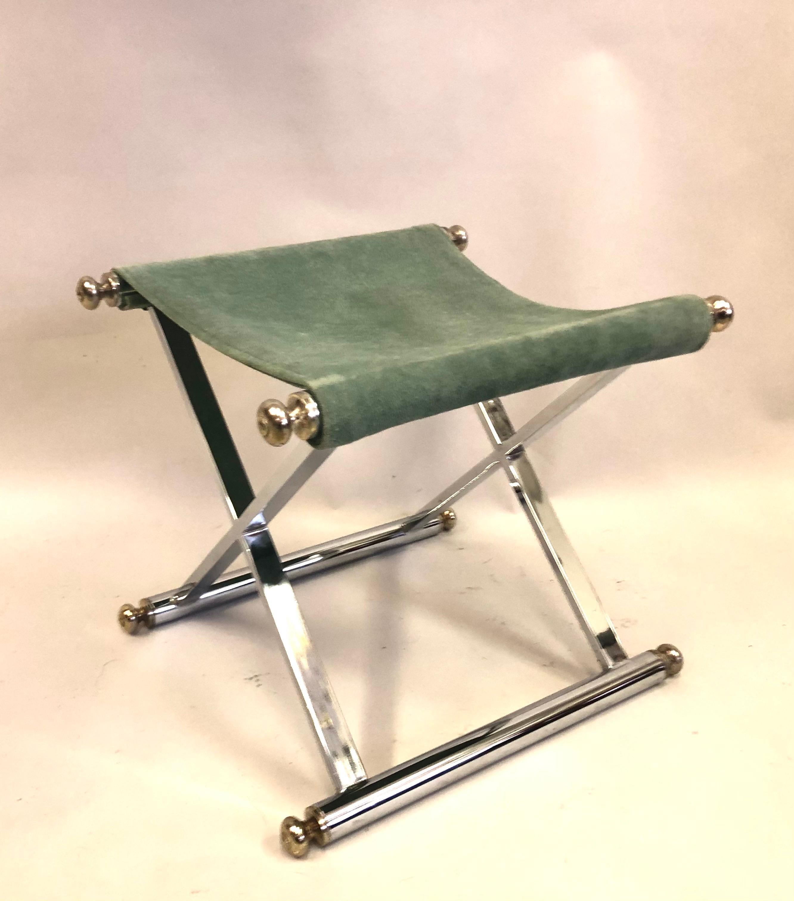 Pair of French Modern Neoclassical Nickel, Brass & Suede Benches Attr. to Hermes 3