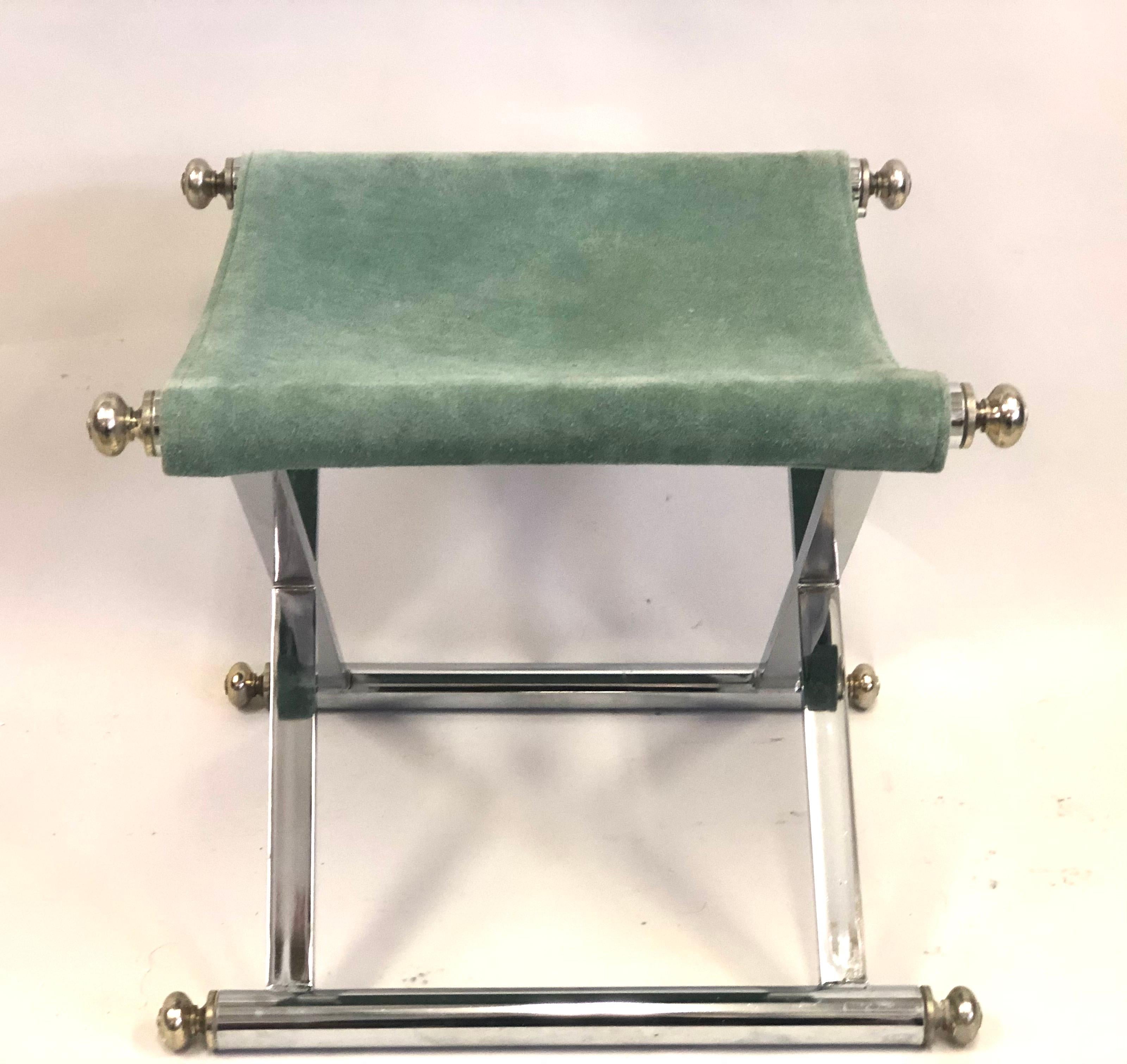 Pair of French Modern Neoclassical Nickel, Brass & Suede Benches Attr. to Hermes 4