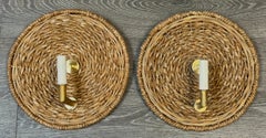 Pair of French Modern Rattan & Bronze Wall Sconces