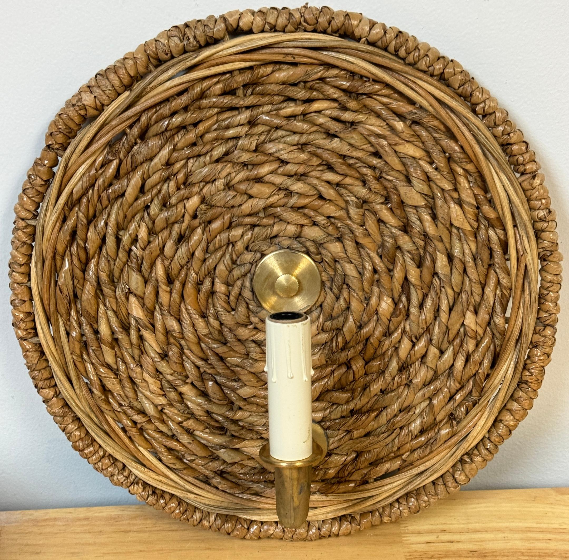Cast Pair of French Modern Rattan & Bronze Wall Sconces, 2nd Pair Available For Sale