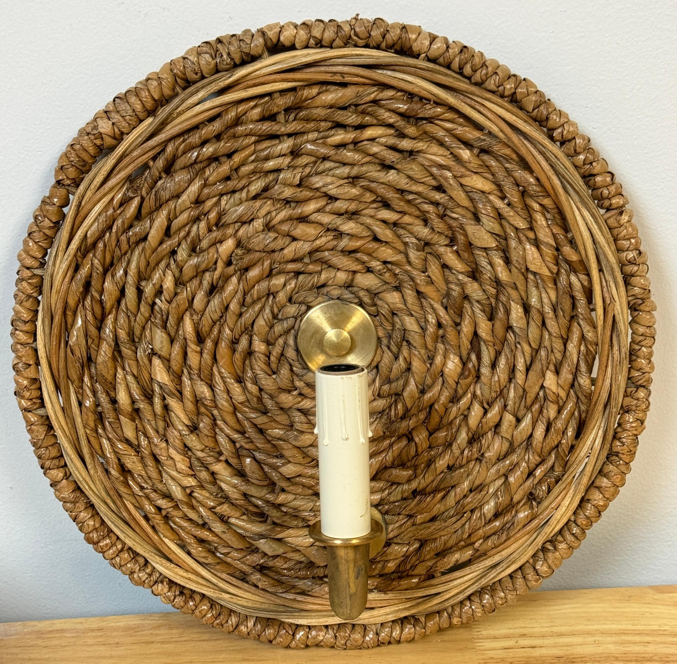 Pair of French Modern Rattan & Bronze Wall Sconces, 2nd Pair Available In Good Condition For Sale In West Palm Beach, FL