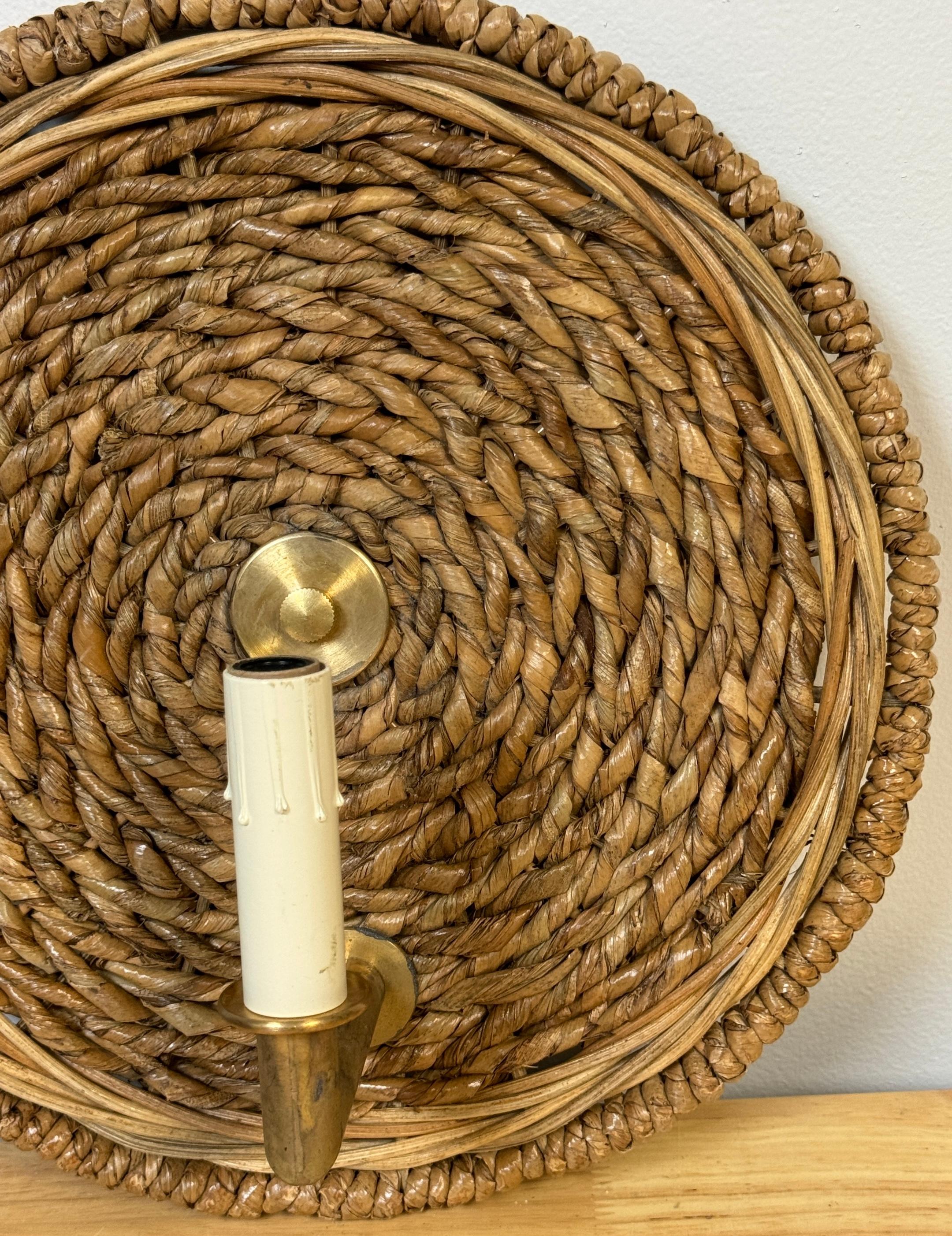 20th Century Pair of French Modern Rattan & Bronze Wall Sconces, 2nd Pair Available For Sale