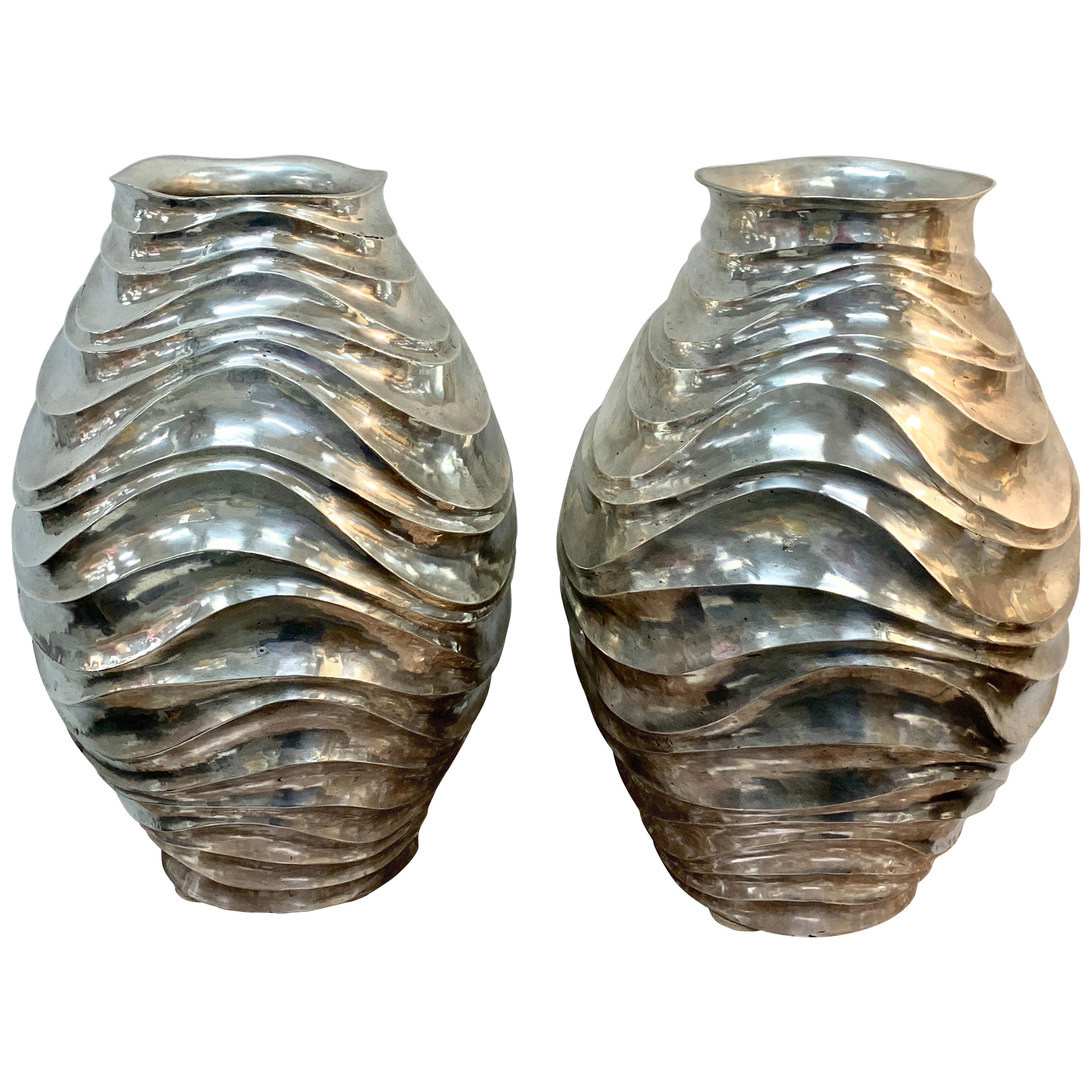 Pair of French Modern Silver Plated Vases For Sale
