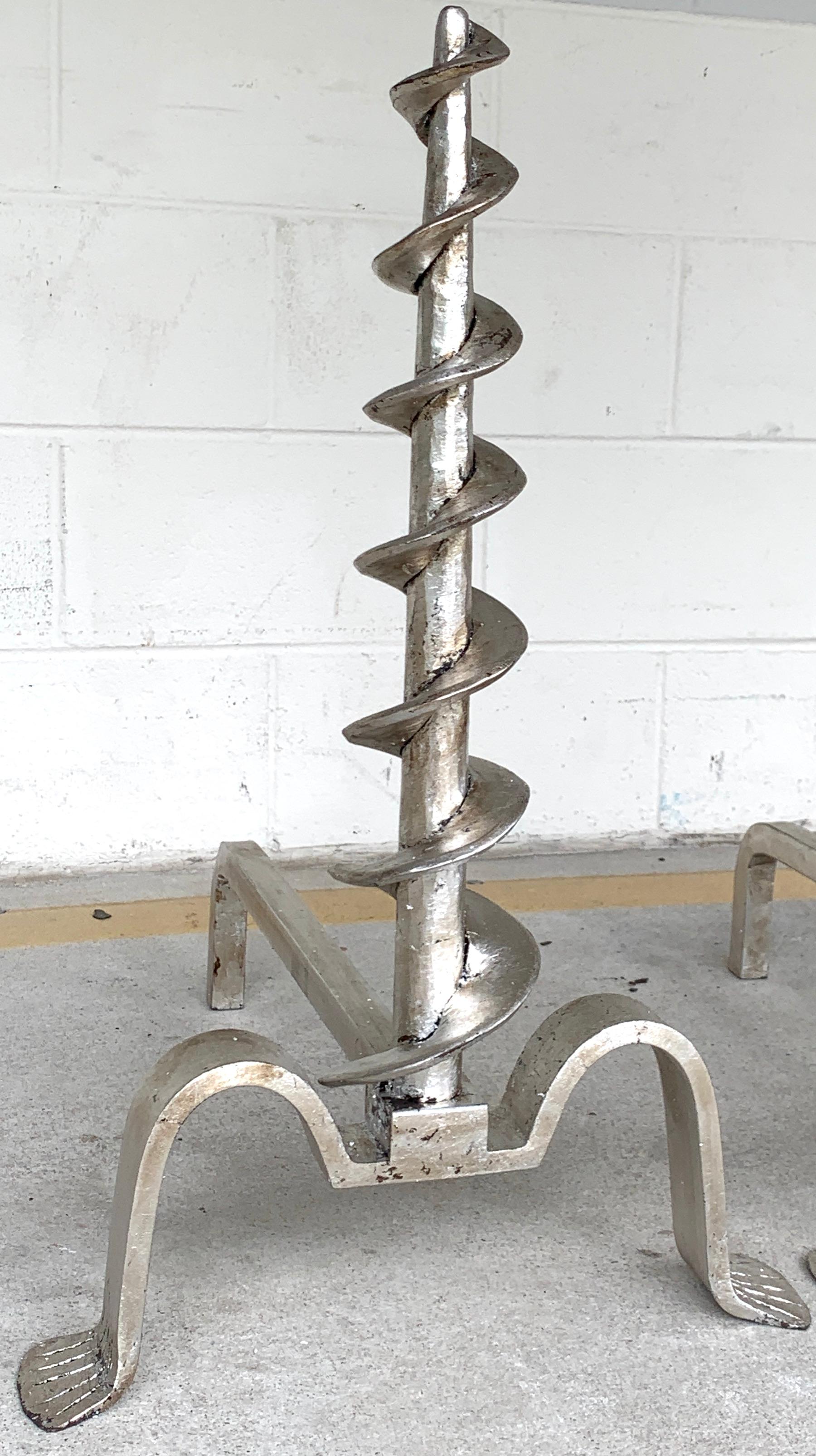 Pair of French Modern Silvered Iron Andirons In Good Condition For Sale In West Palm Beach, FL