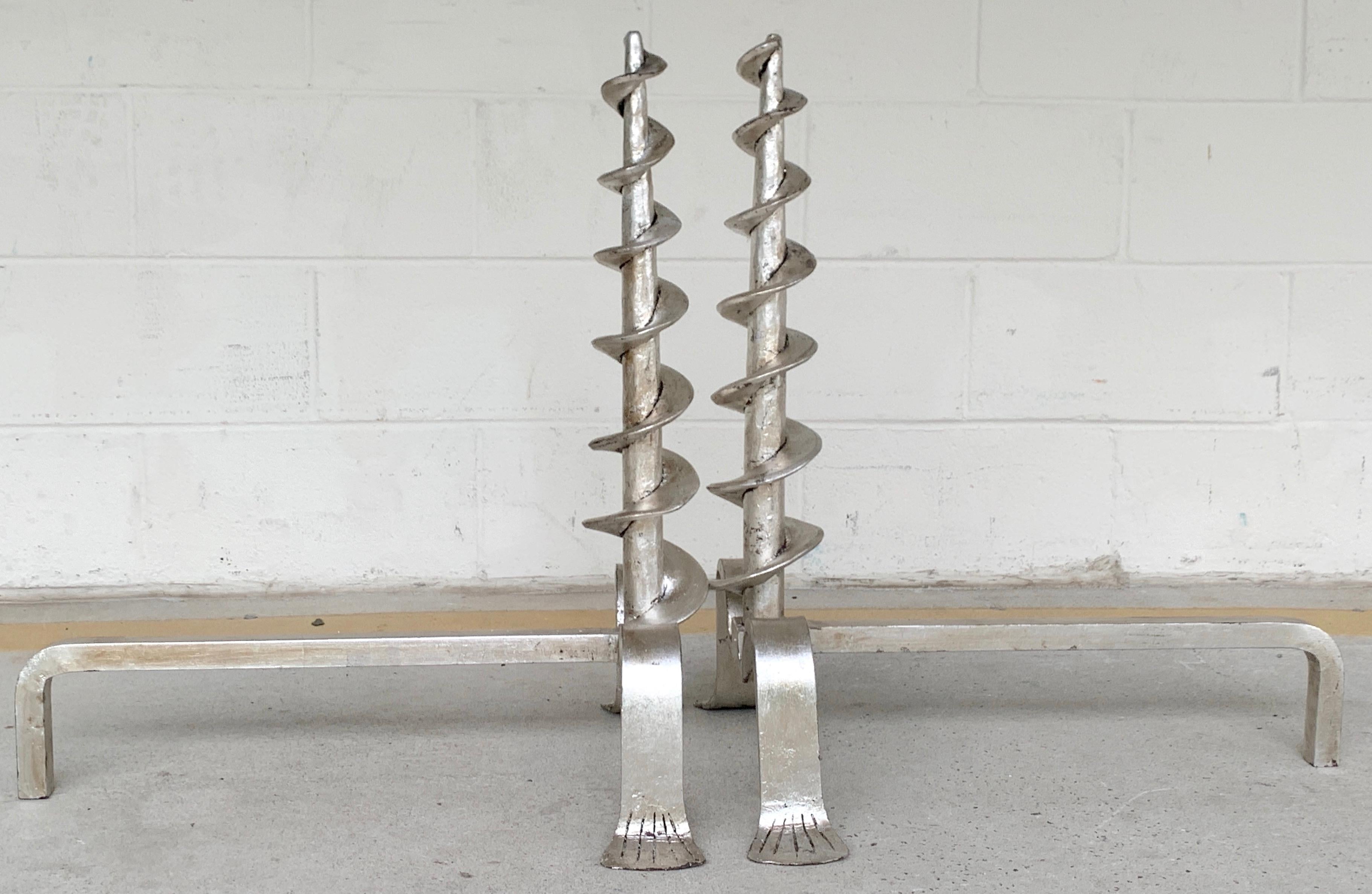 Pair of French Modern Silvered Iron Andirons For Sale 1