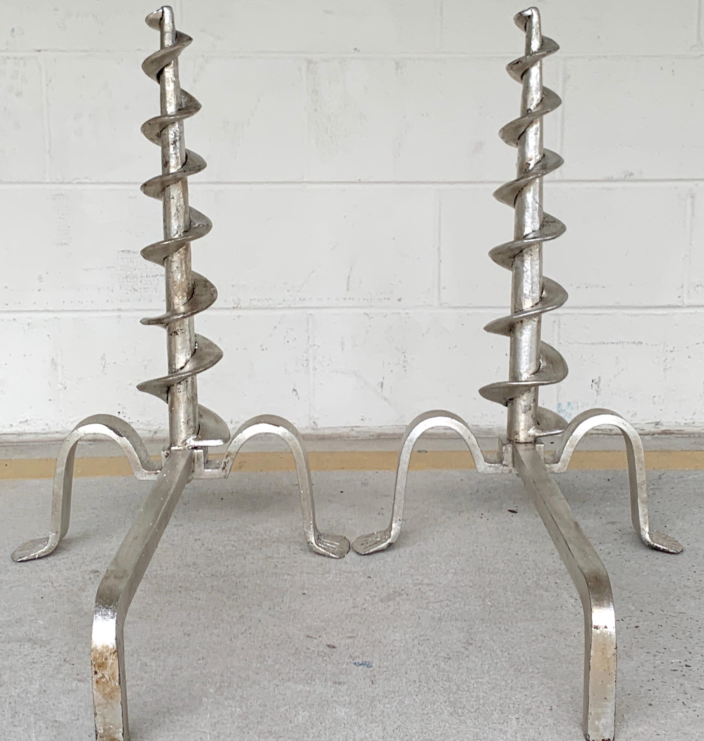 Pair of French Modern Silvered Iron Andirons For Sale 3