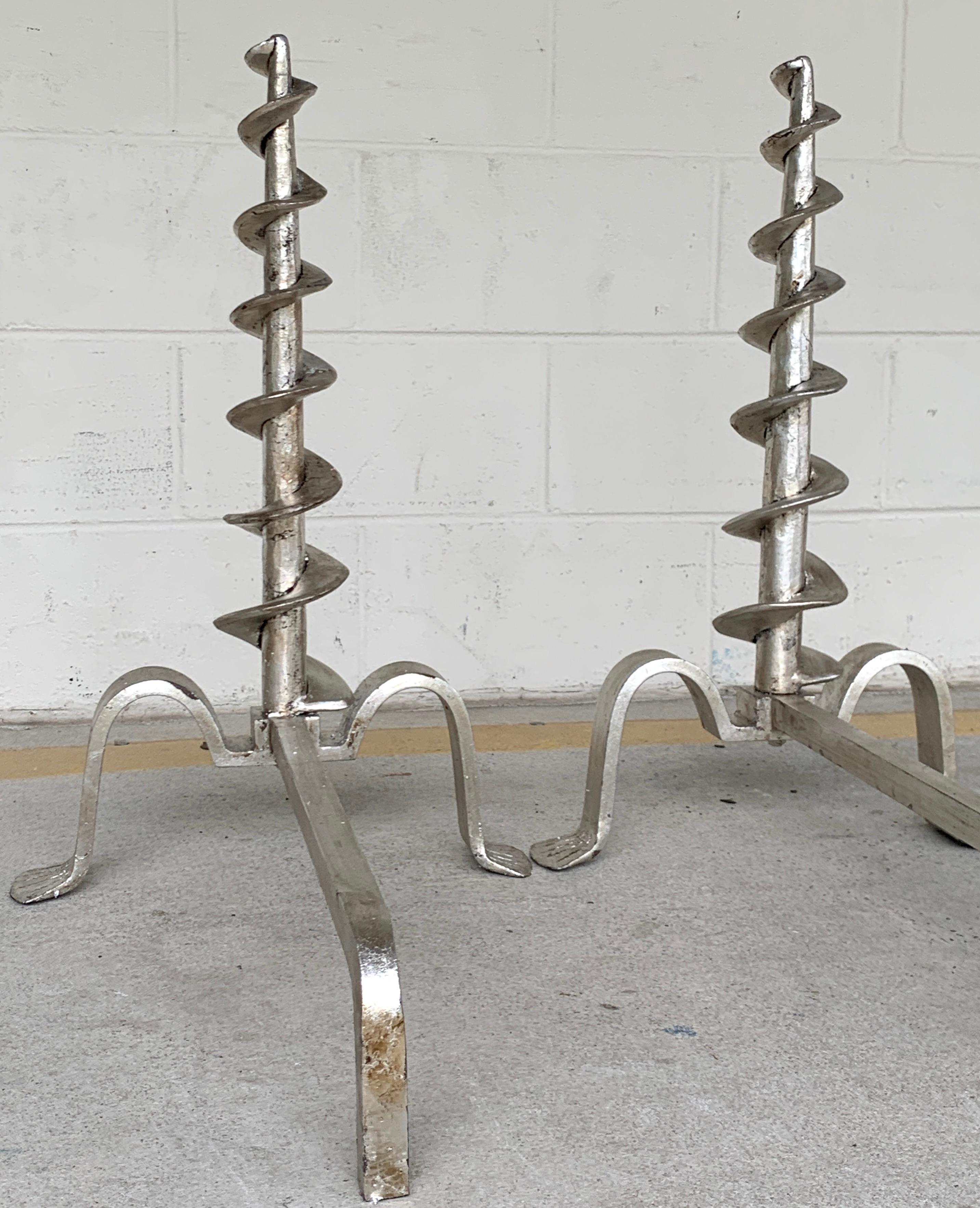 Pair of French Modern Silvered Iron Andirons For Sale 4