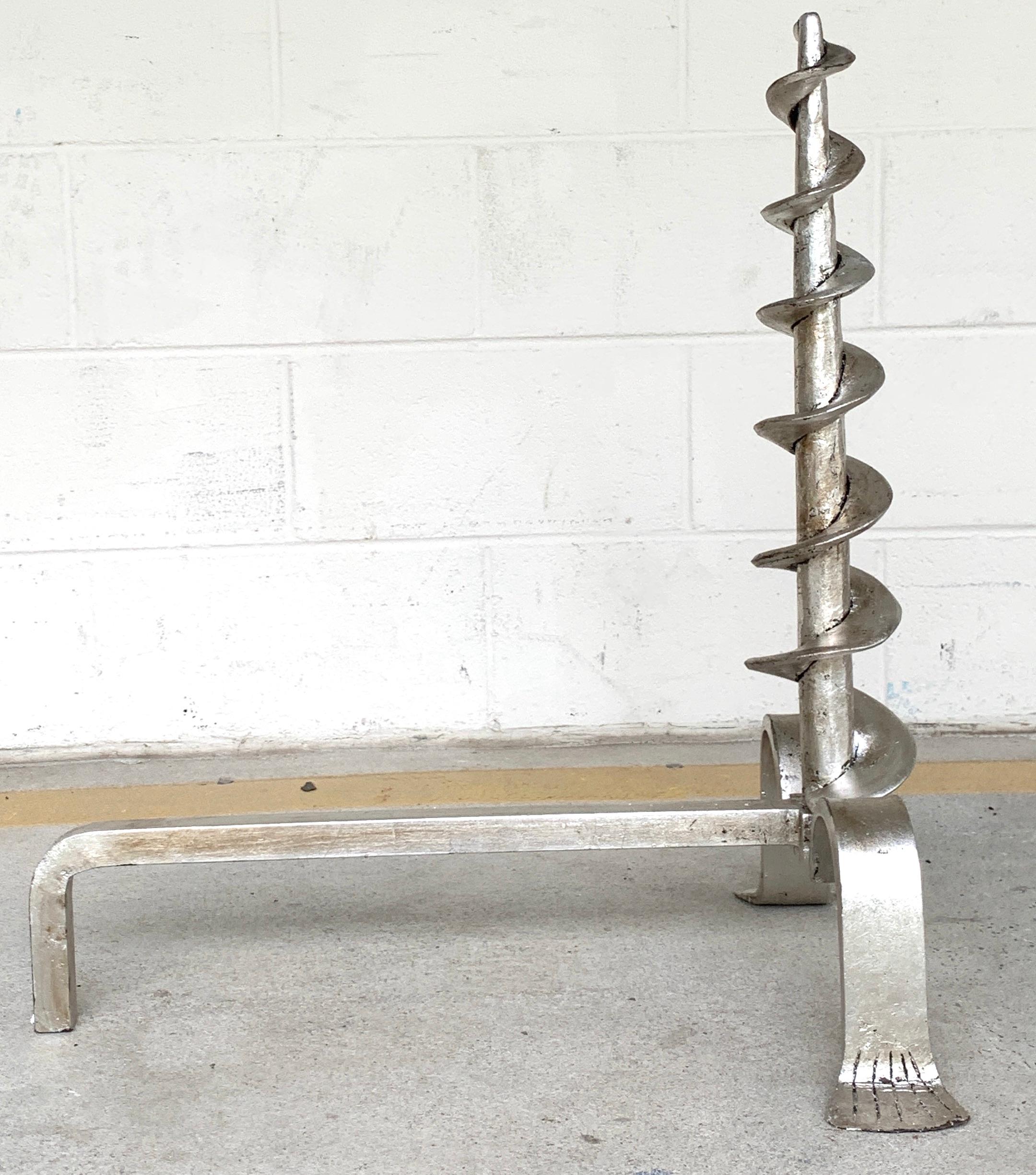 Pair of French Modern Silvered Iron Andirons For Sale 5