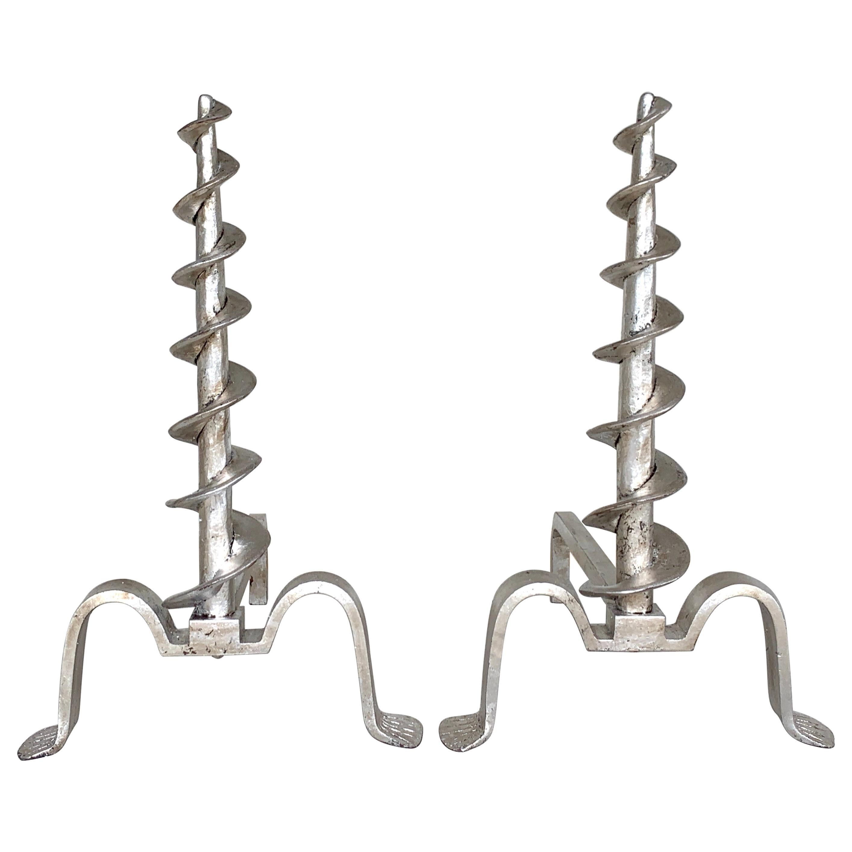 Pair of French Modern Silvered Iron Andirons For Sale