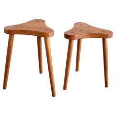 Pair of French Modern Three Legged Stools / Side Tables in Solid Oak, 1950s