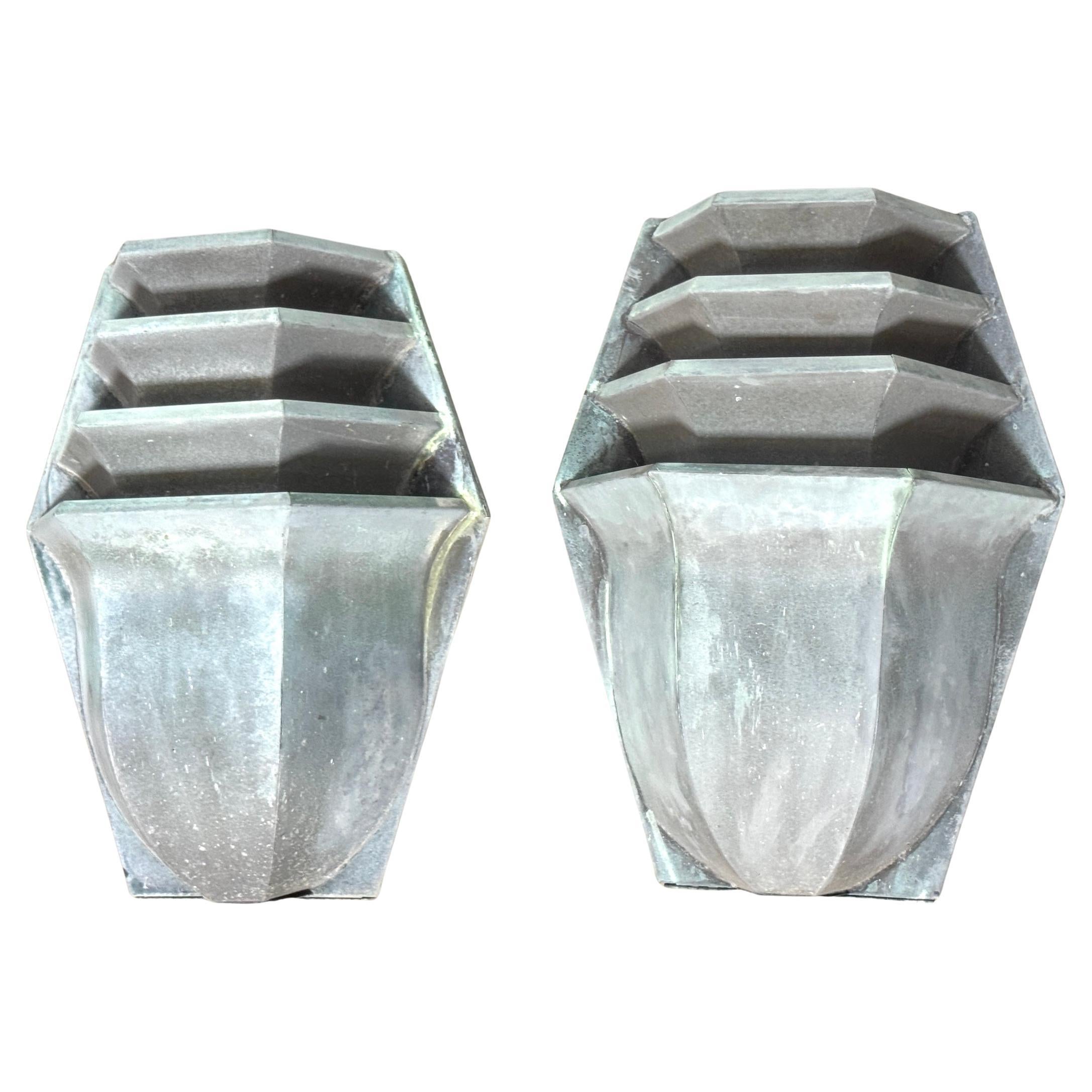 Pair of French Modern Tiered Copper Verdigris Wall Sconces, Circa 1970s