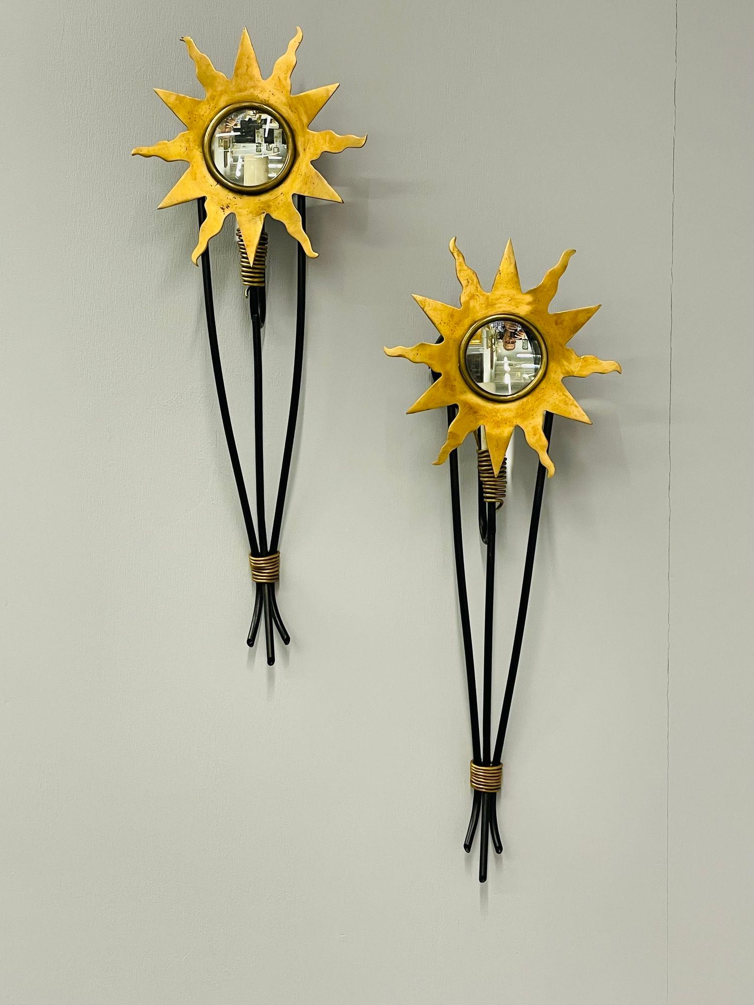 Pair of French Modern Wall Sconces, Bronze Sunburst Bagues Style, Bronze / Steel
 
Style and Grace abound with this stunning pair of handmade bronze sunburst magnified mirrored back wall sconce. The large bronze sunburst design supported by a