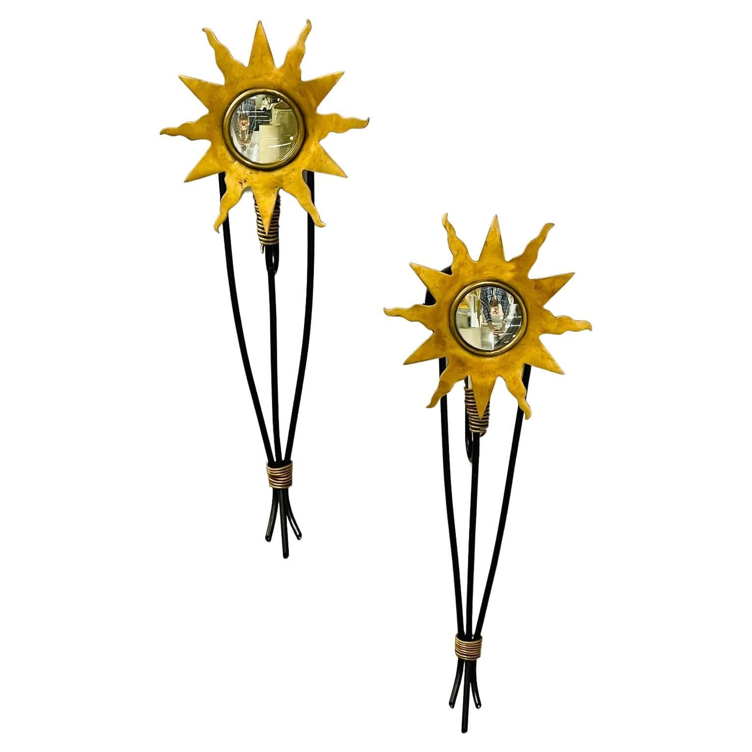 Pair of French Modern Wall Sconces, Bronze Sunburst Bagues Style, Bronze / Steel For Sale
