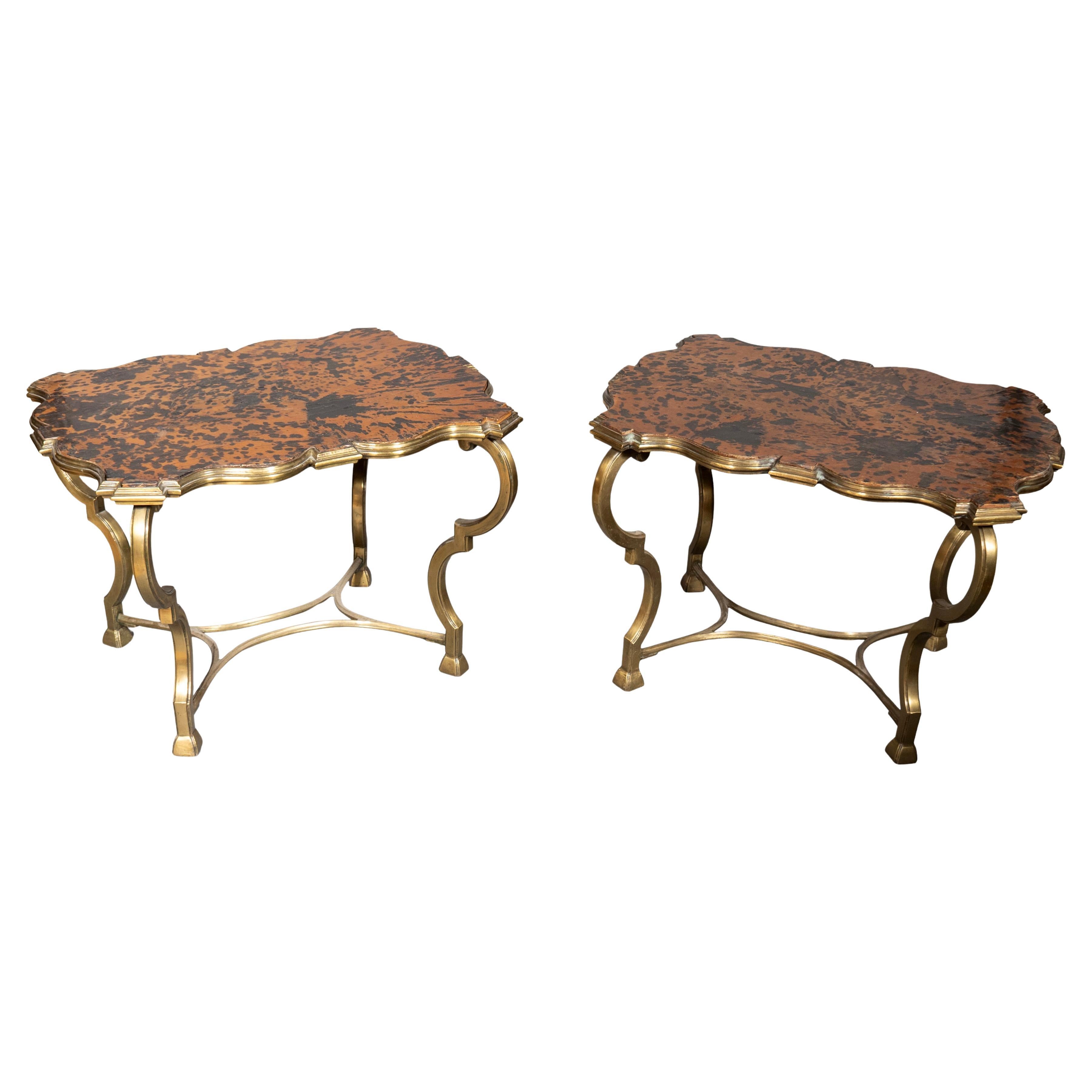Pair Of French Moderne Bronze And Faux Tortoise End Tables For Sale