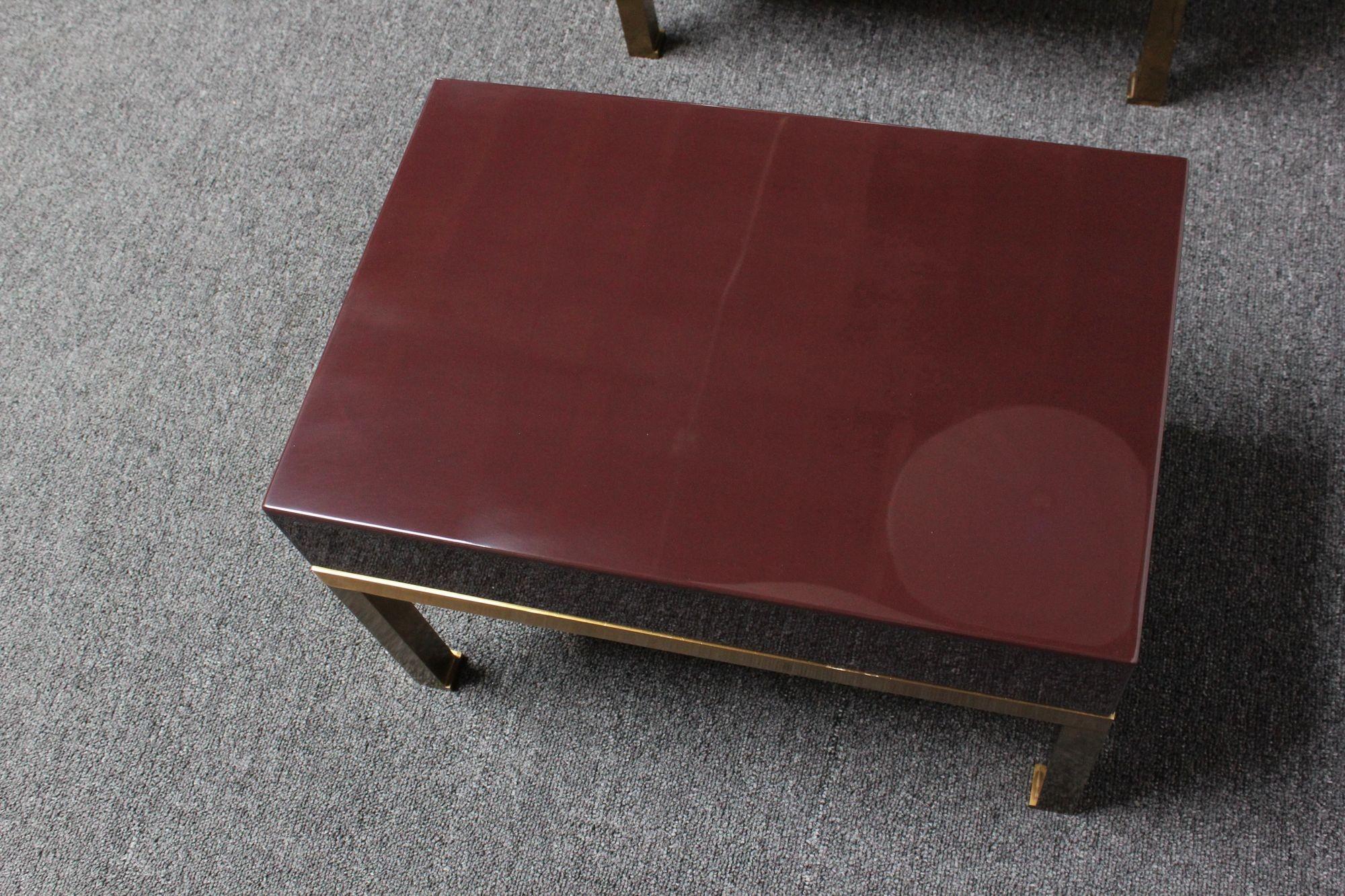 Pair of French Moderne Lacquered Mahogany and Brass Nightstands by Guy Lefèvre For Sale 13
