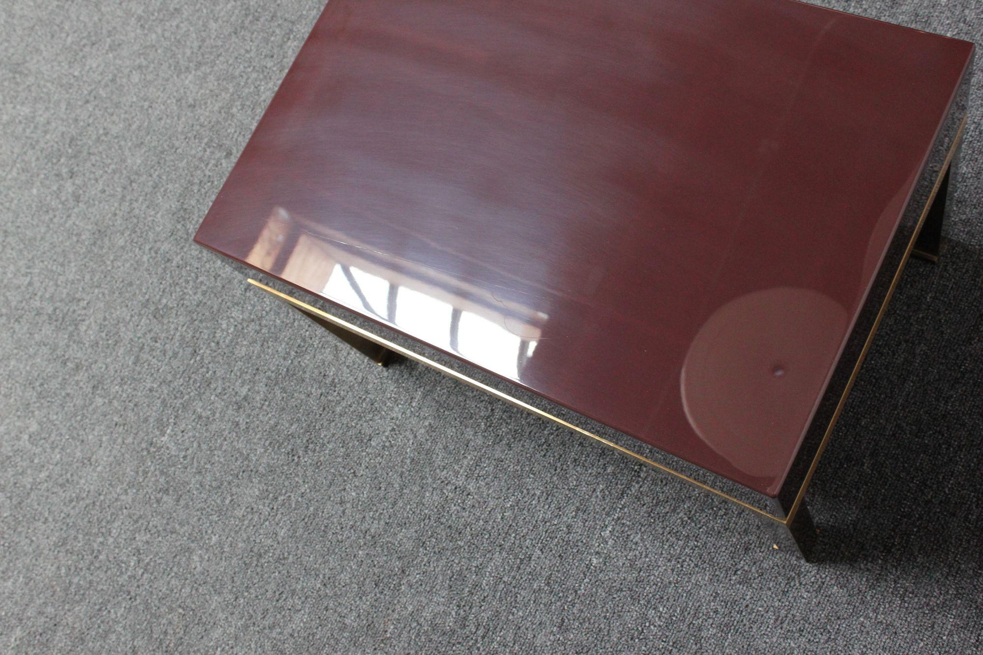 Pair of French Moderne Lacquered Mahogany and Brass Nightstands by Guy Lefèvre For Sale 15