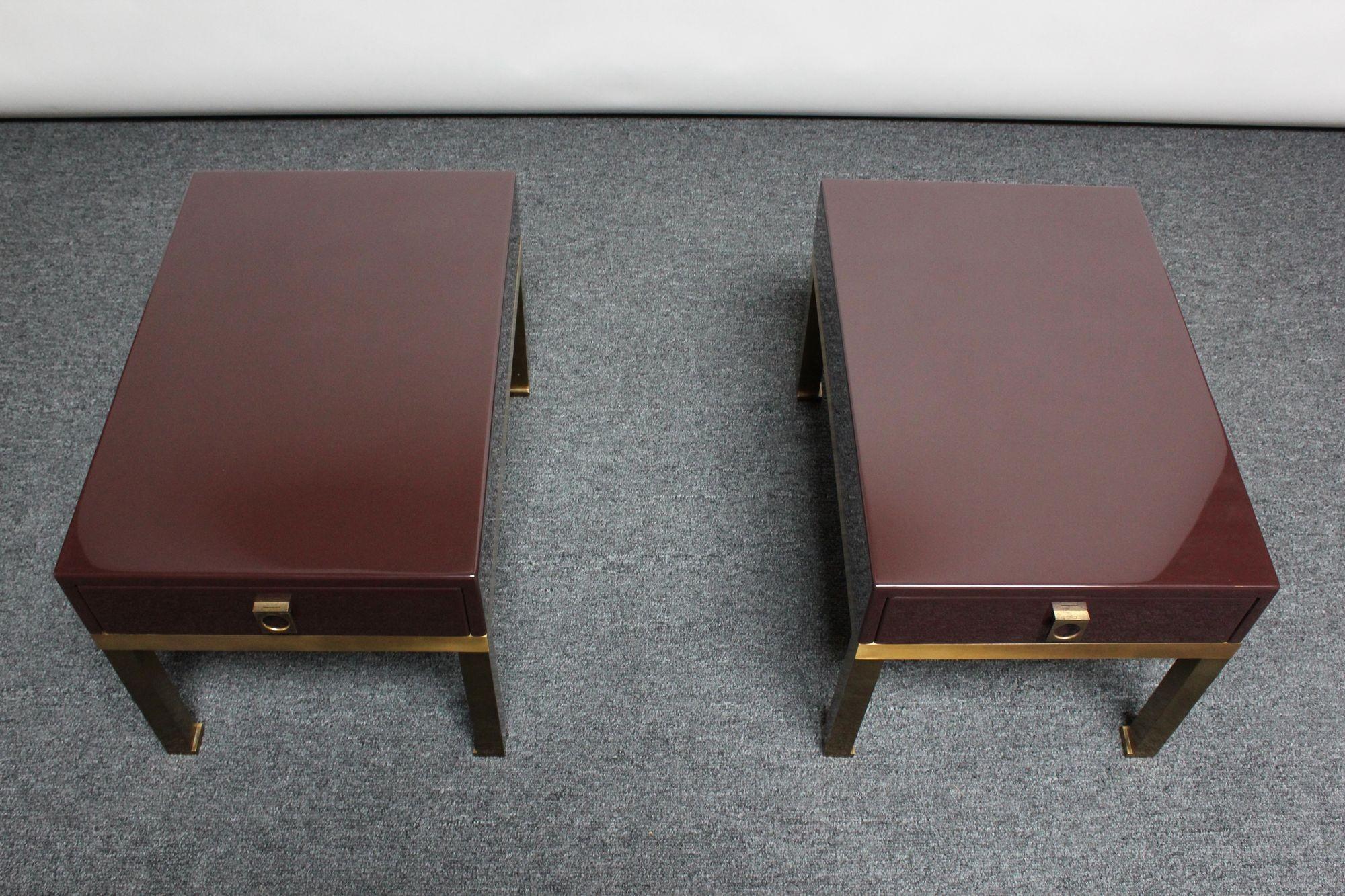Mid-Century Modern Pair of French Moderne Lacquered Mahogany and Brass Nightstands by Guy Lefèvre For Sale