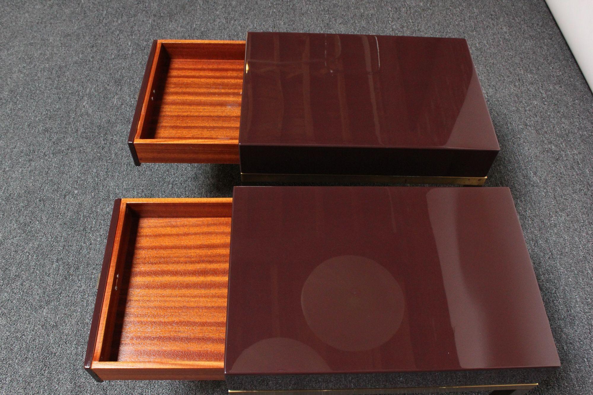 Late 20th Century Pair of French Moderne Lacquered Mahogany and Brass Nightstands by Guy Lefèvre For Sale