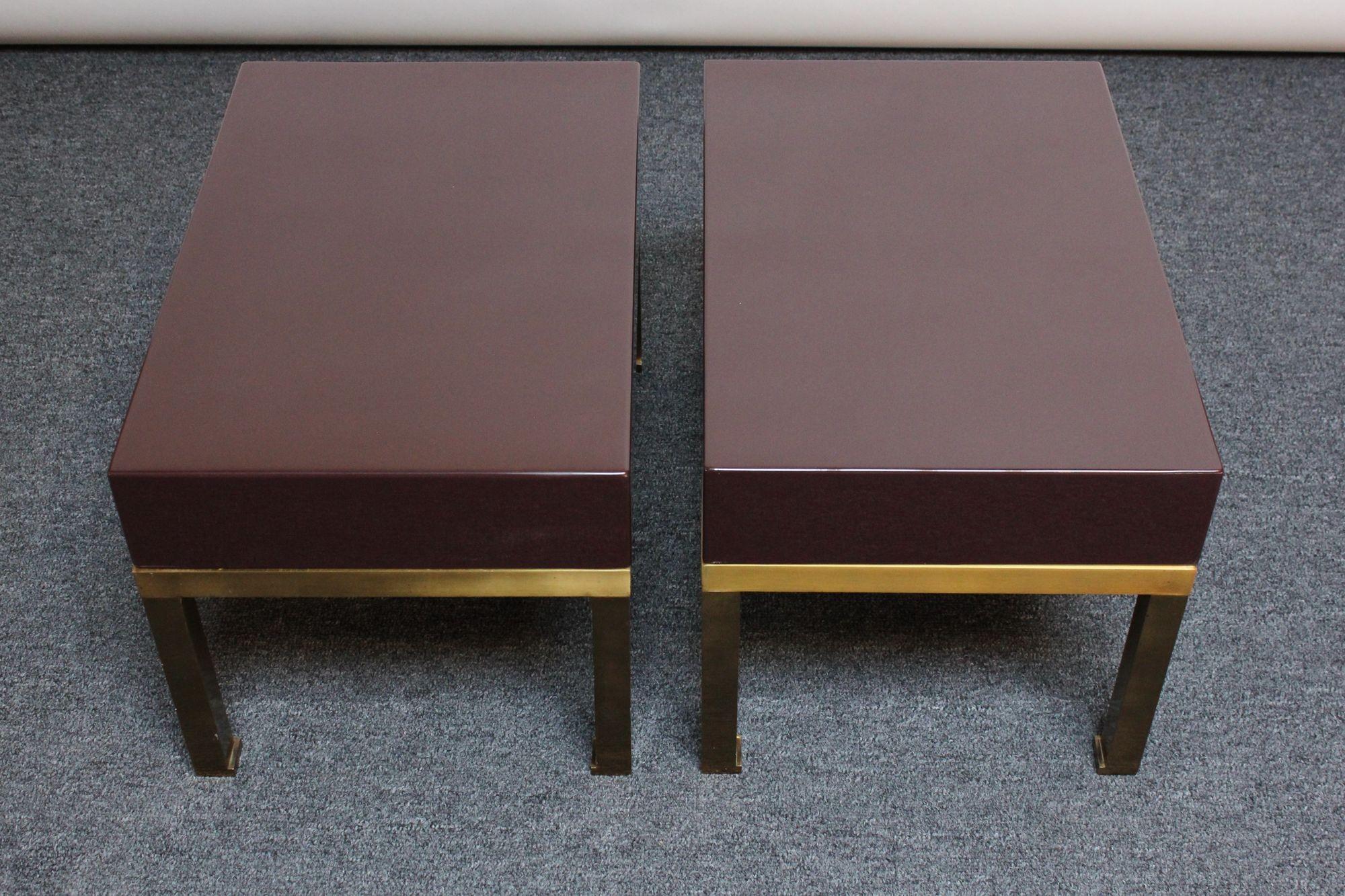 Pair of French Moderne Lacquered Mahogany and Brass Nightstands by Guy Lefèvre For Sale 3