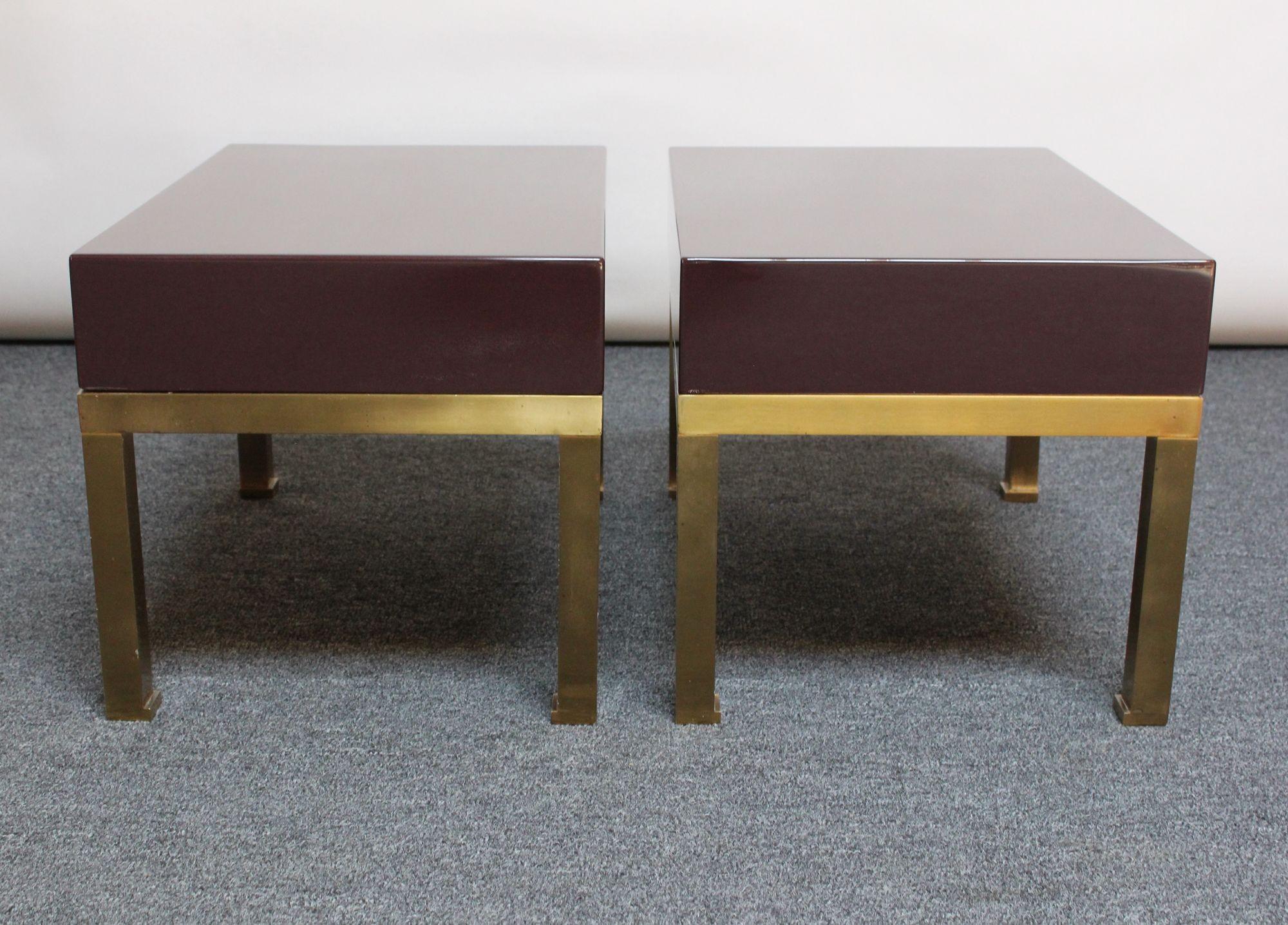 Pair of French Moderne Lacquered Mahogany and Brass Nightstands by Guy Lefèvre For Sale 4
