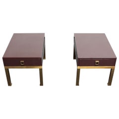 Pair of French Moderne Lacquered Mahogany and Brass Nightstands by Guy Lefèvre