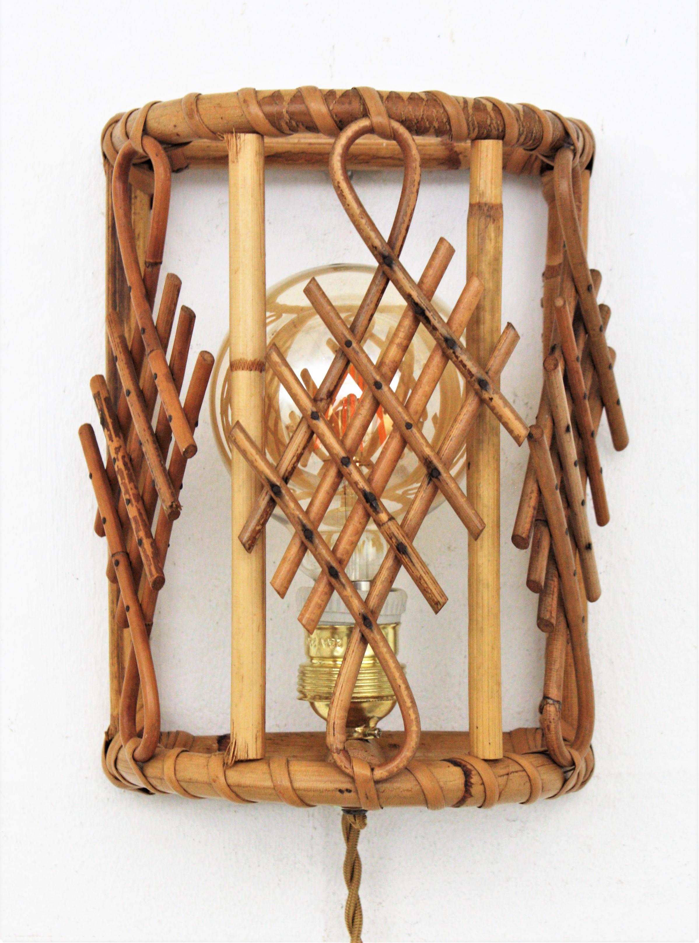 Pair of French Modernist Bamboo and Rattan Wall Sconces with Chinoiserie Accents 8
