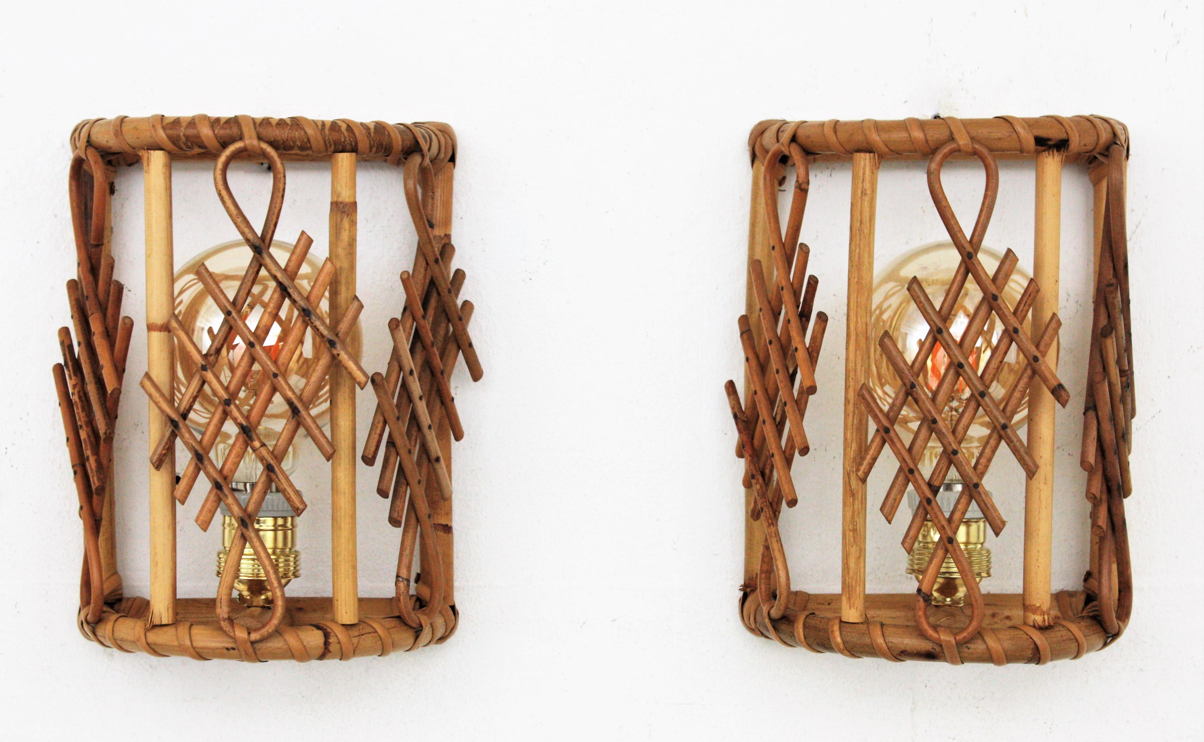Mid-Century Modern Pair of French Modernist Bamboo and Rattan Wall Sconces with Chinoiserie Accents
